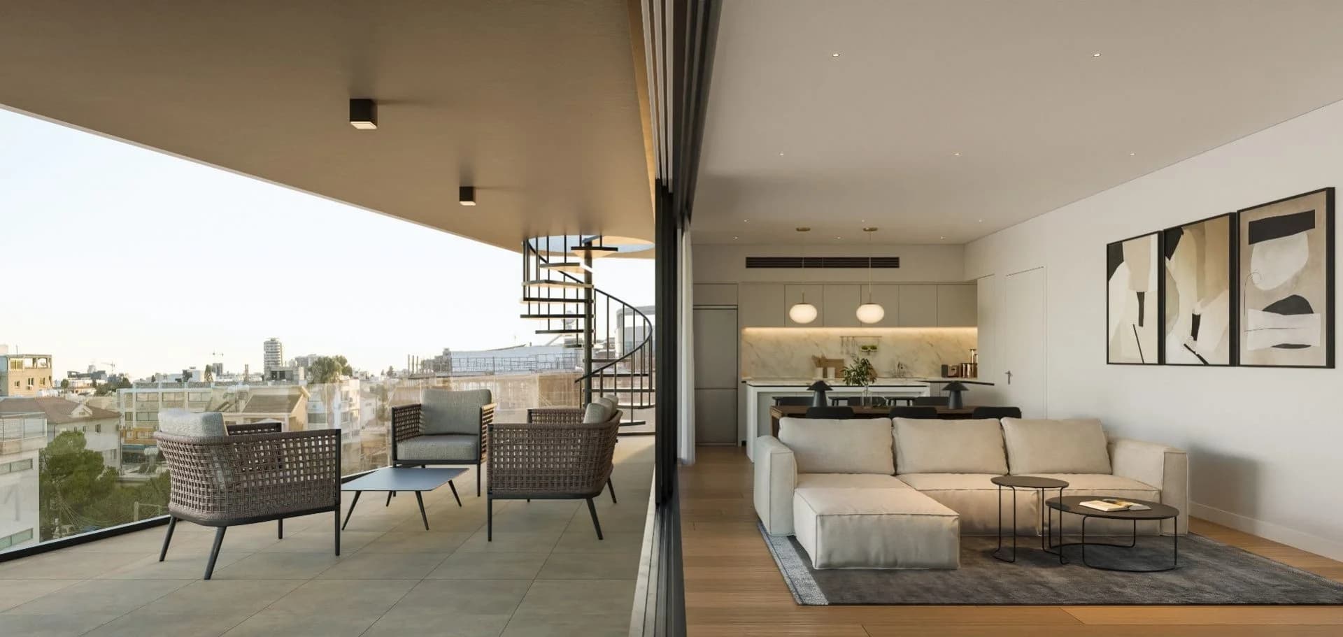 KABU living room opening onto a covered terrace with a spiral stair