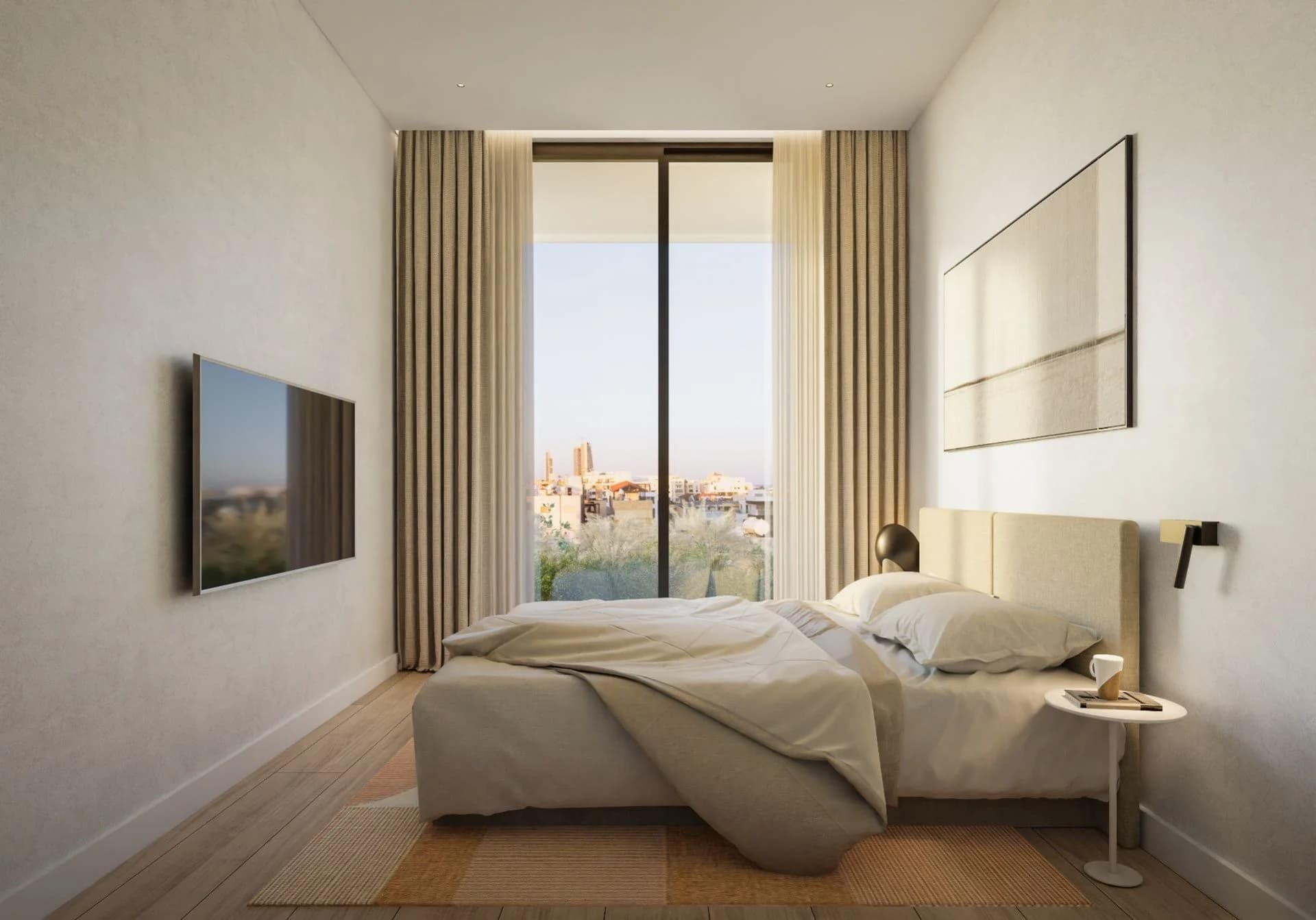 KABU bedroom with a tall window looking towards the city