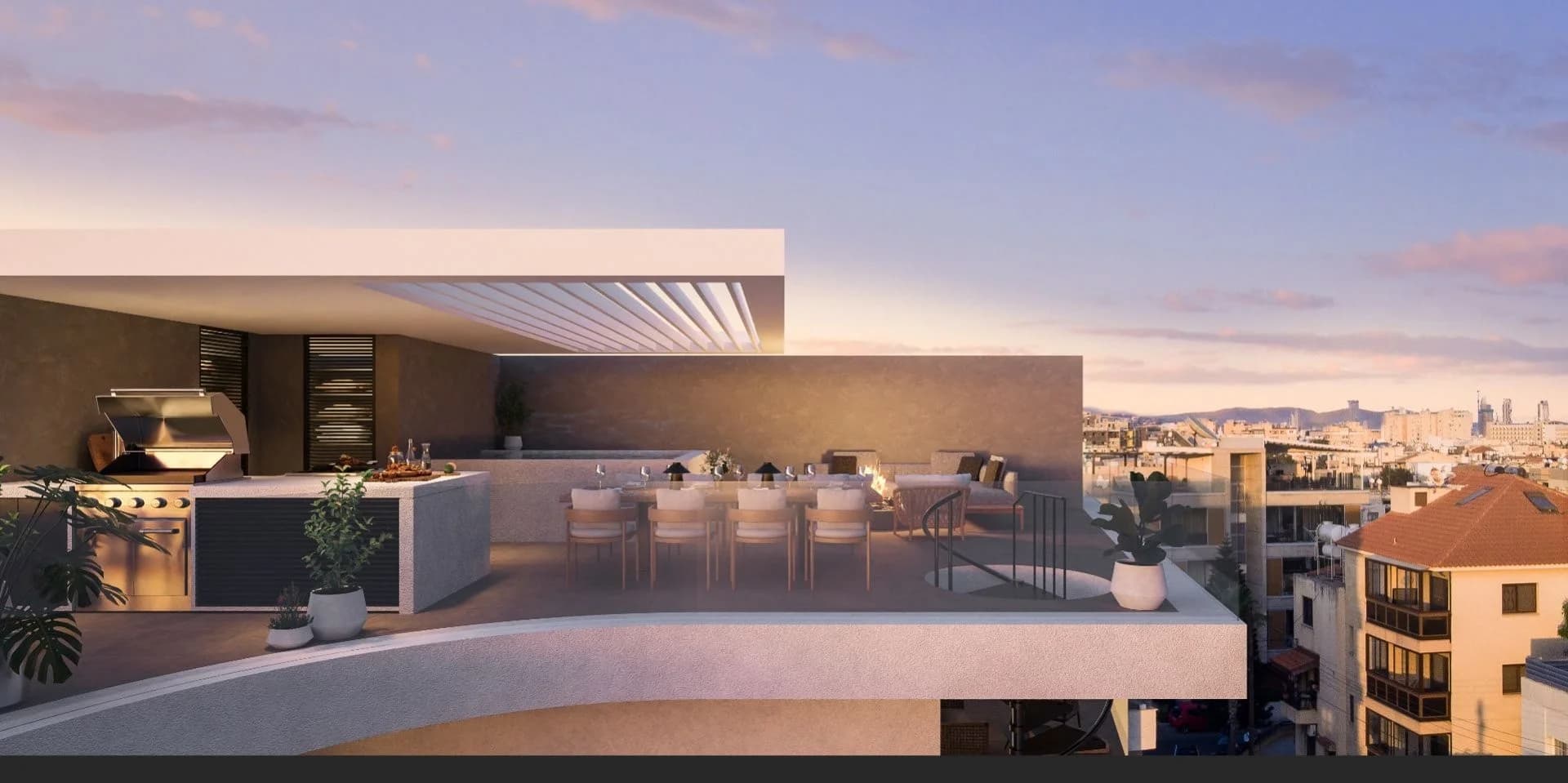 KABU roof garden with a pergola and outdoor kitchen at sunset