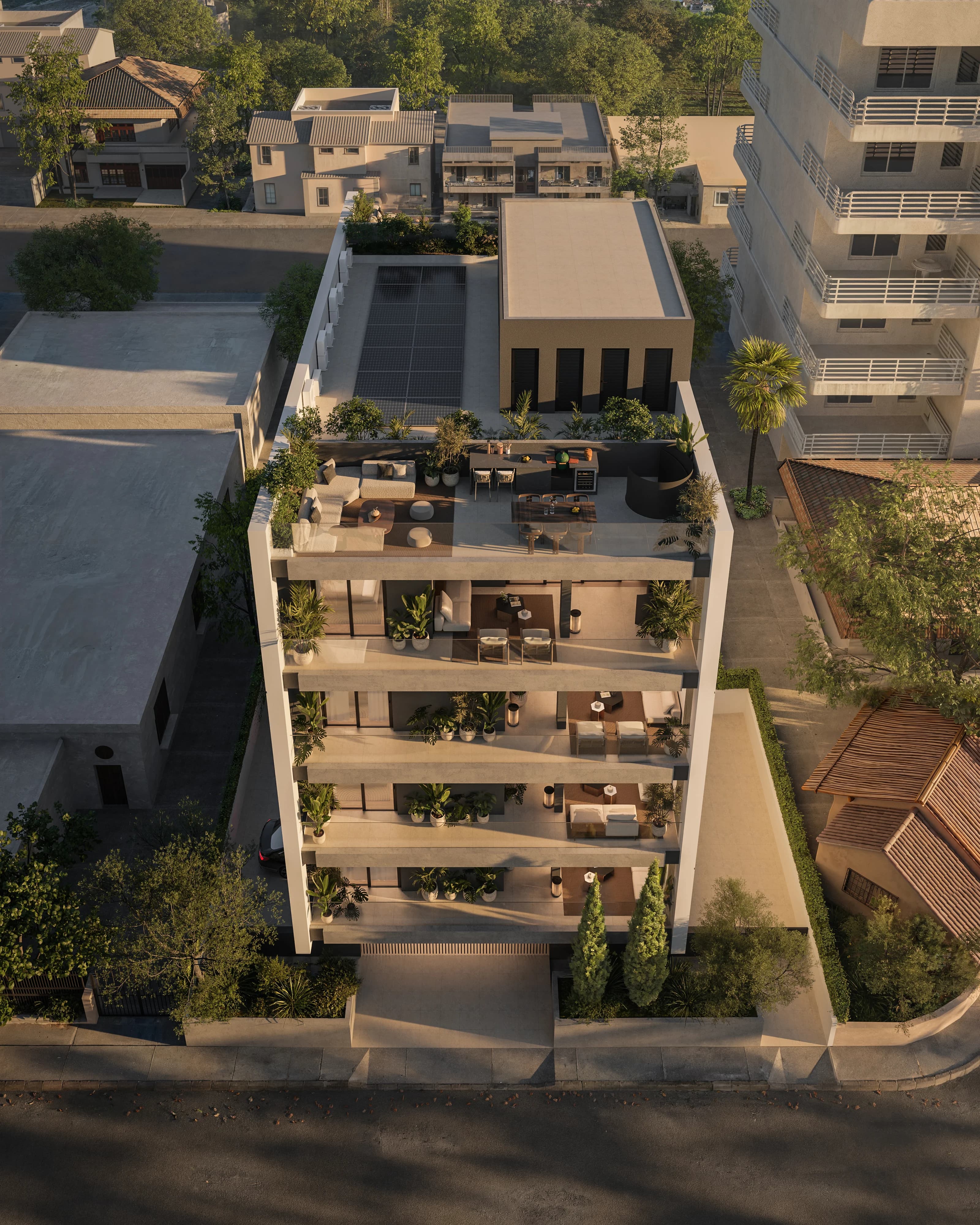 Aerial view down onto KAI's planted terraces and roof garden in Katholiki