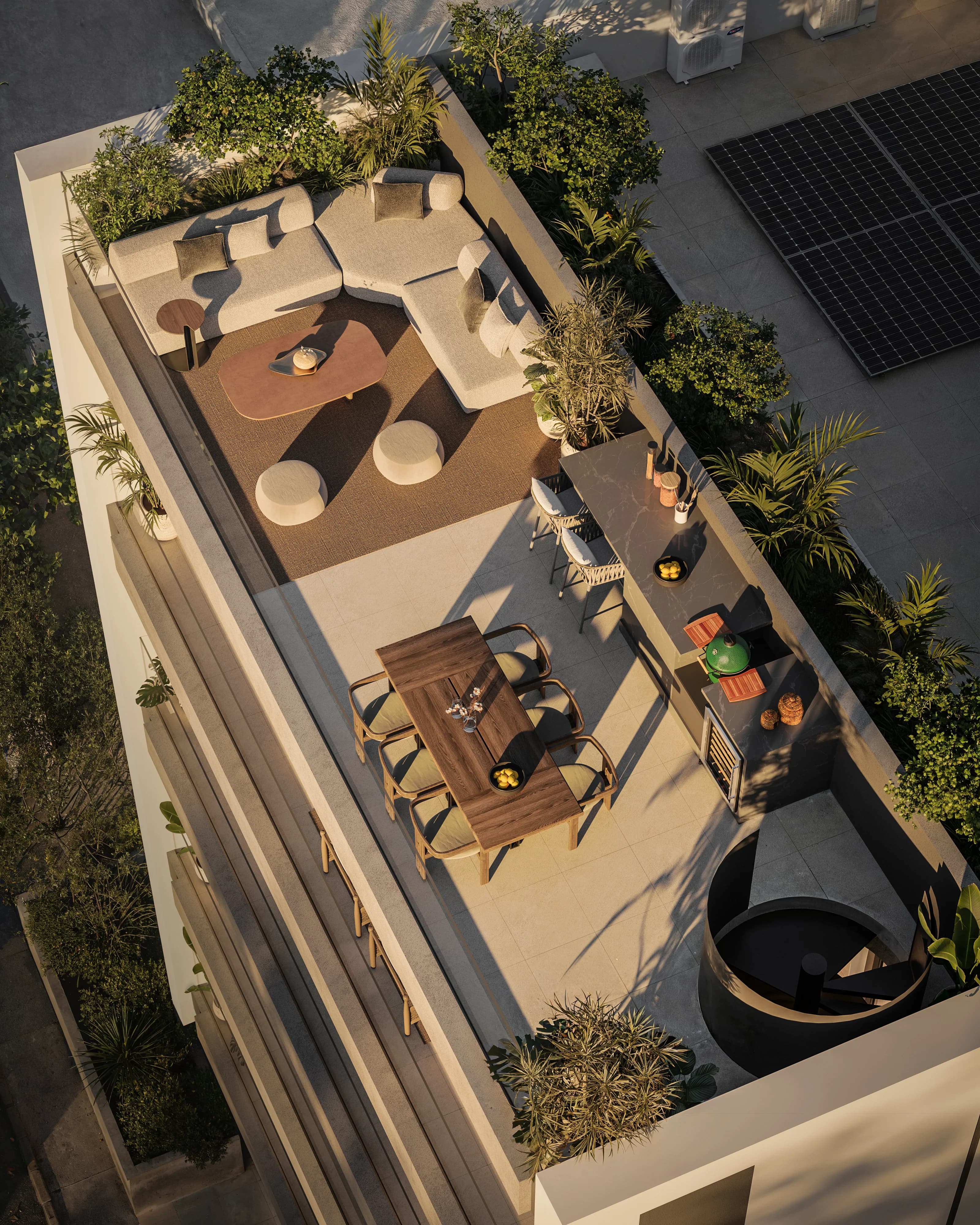 Top-down view of a KAI roof garden with a dining table and lounge seating
