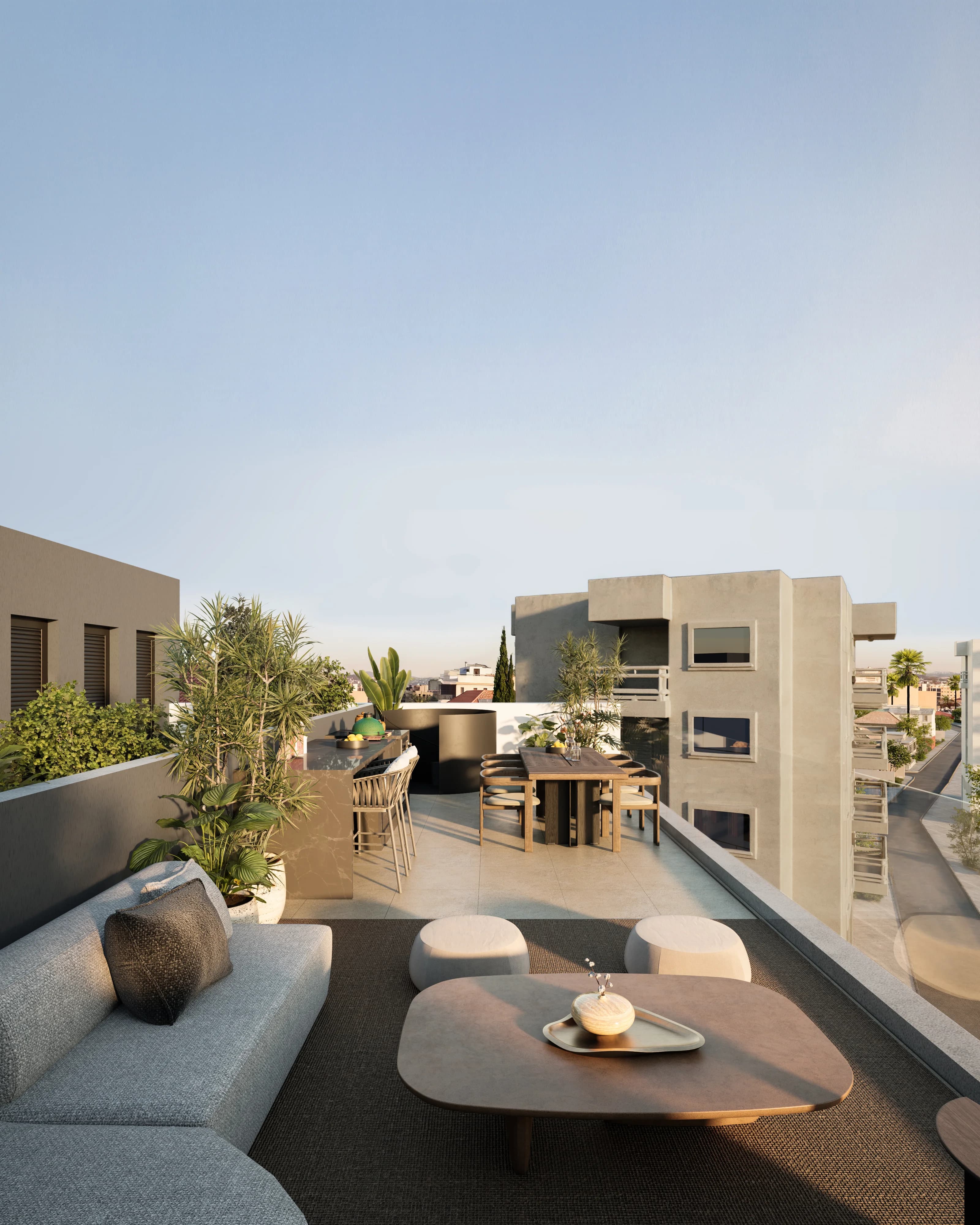 KAI roof terrace with a dining table and planters, looking over the low rooftops of Katholiki