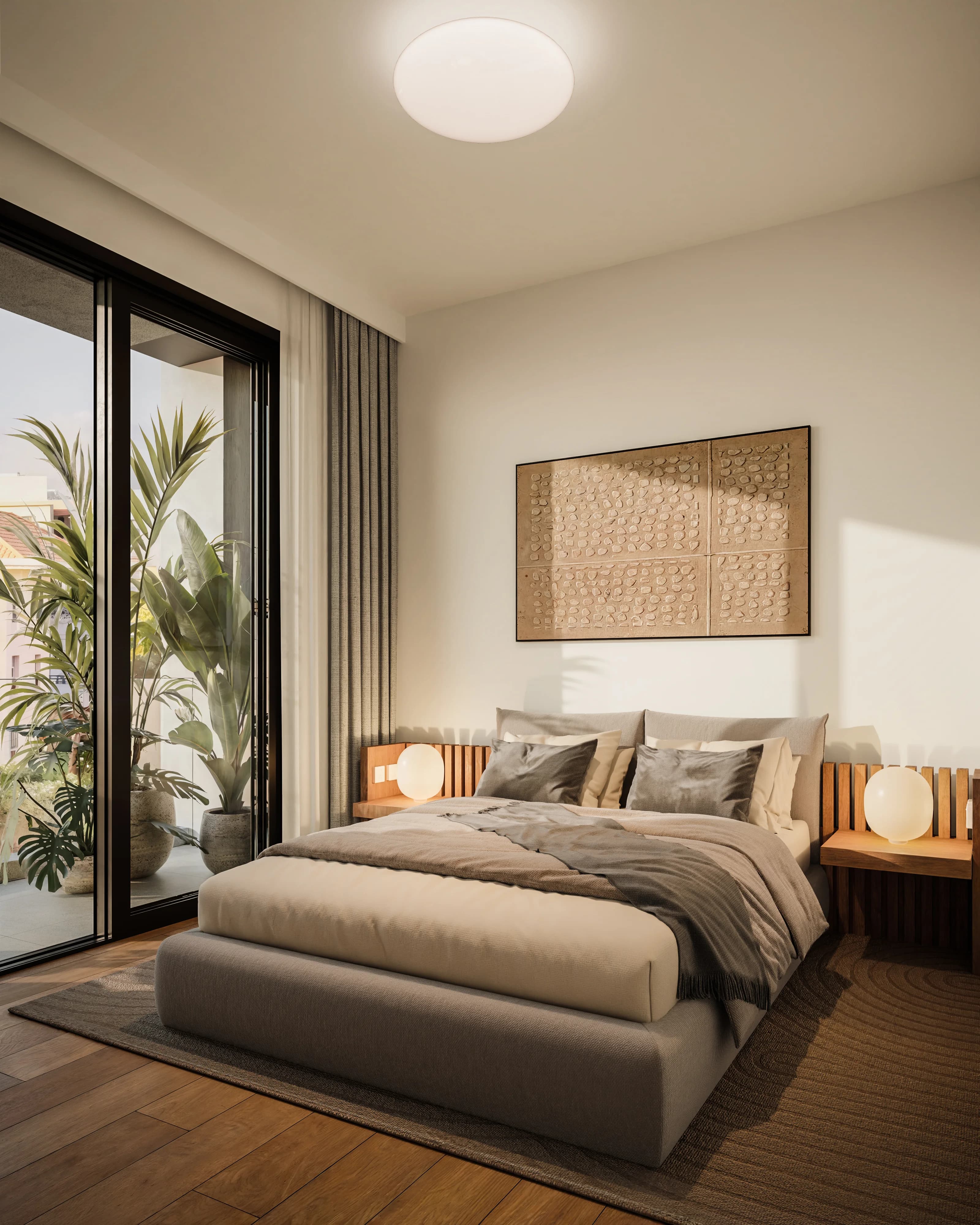 KAI bedroom with a carved headboard panel and a balcony full of plants