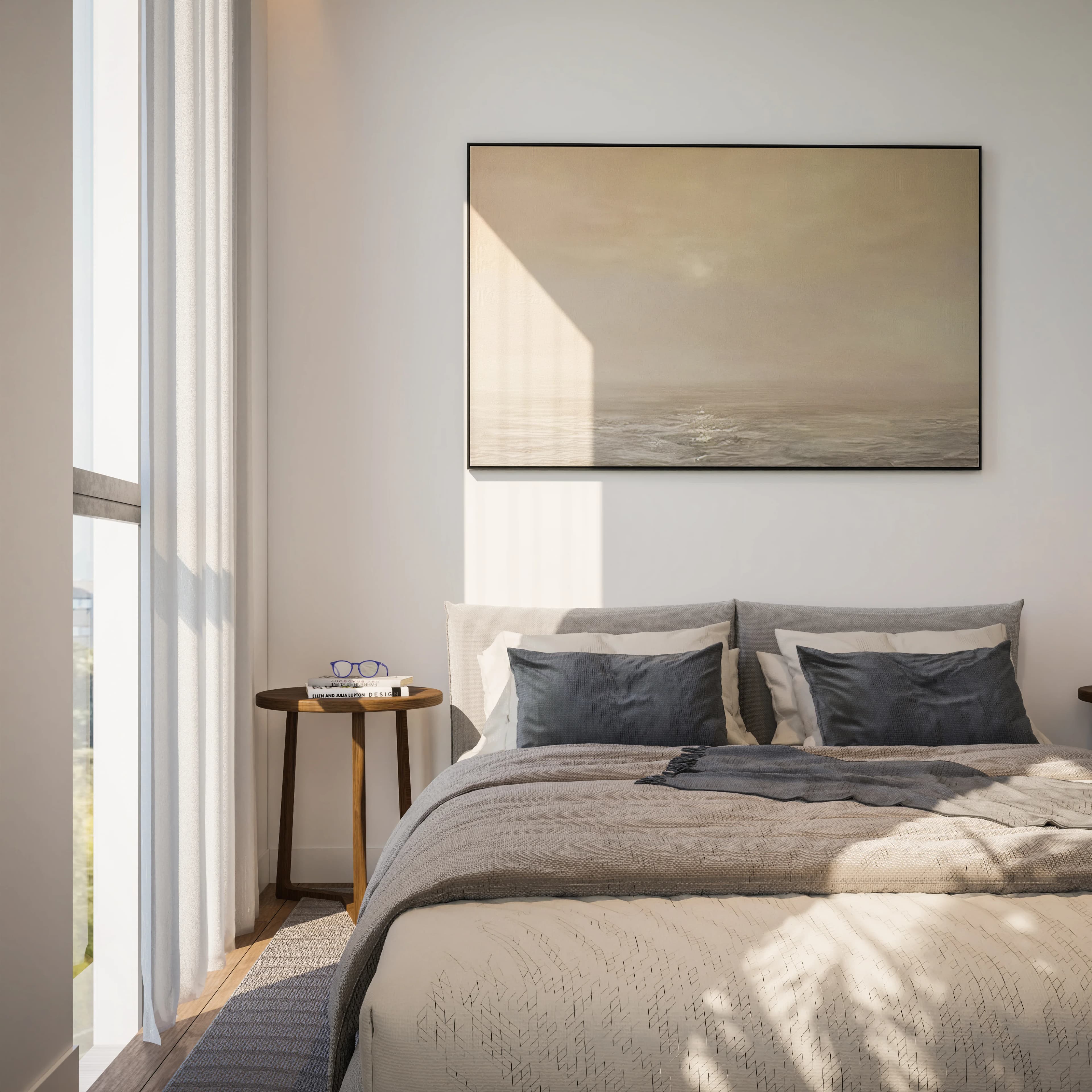 KAIA bedroom with a large seascape artwork and a tall window