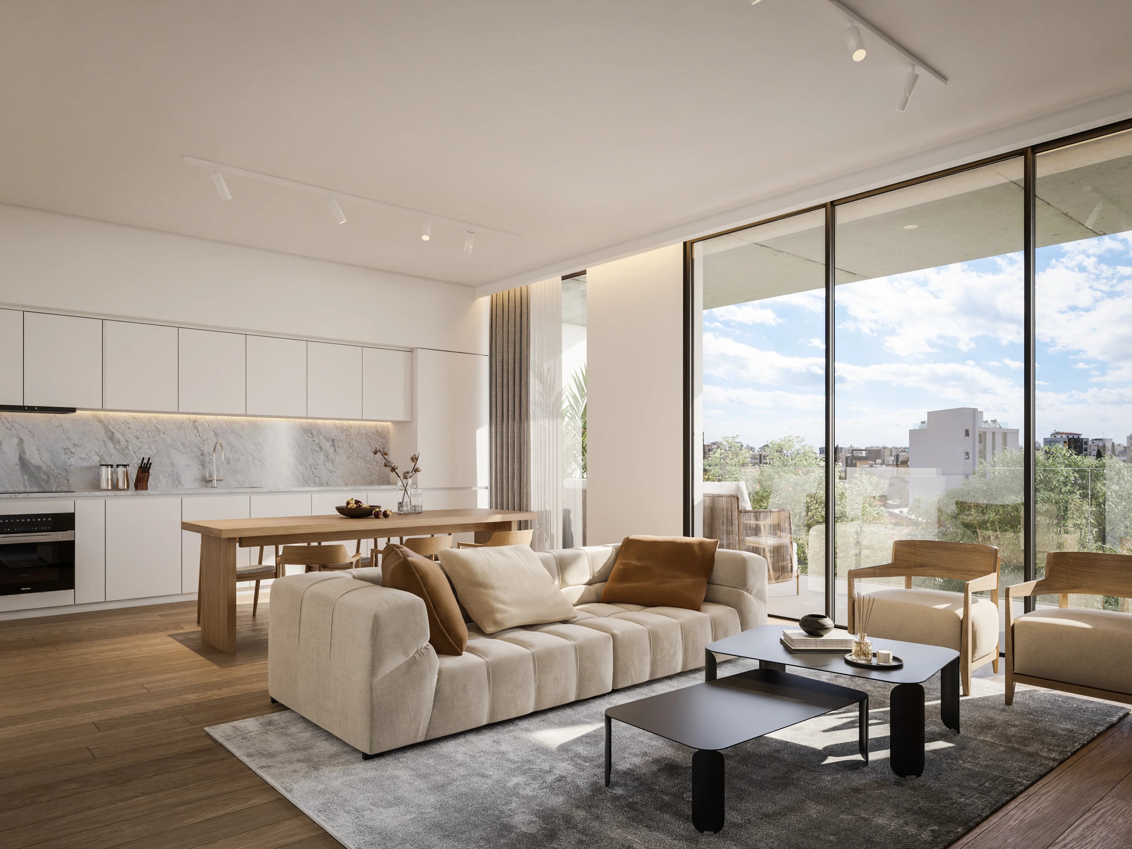 KAIA open-plan living room and kitchen with floor-to-ceiling glass