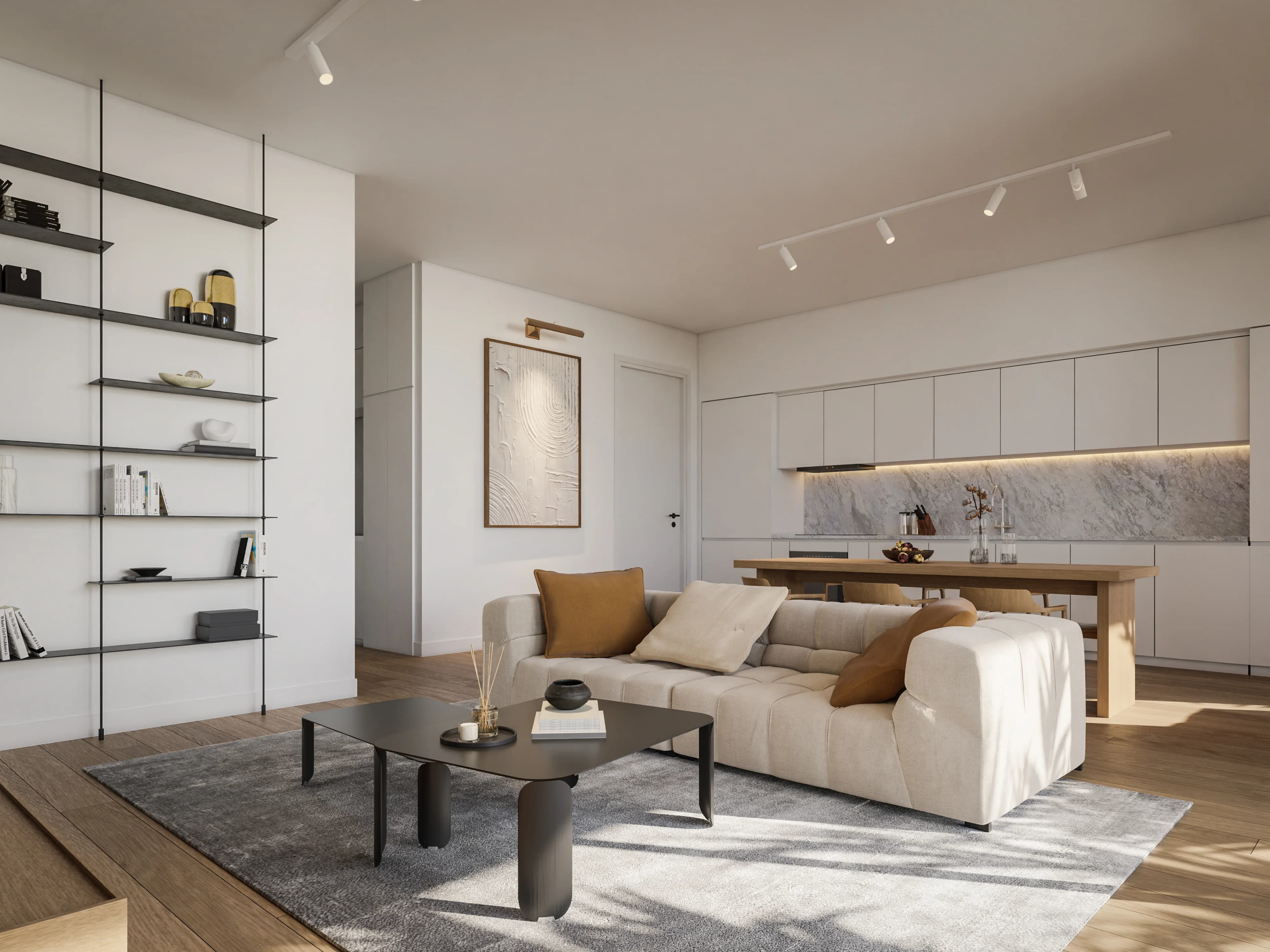 KAIA living room with open shelving and a marble-backed kitchen