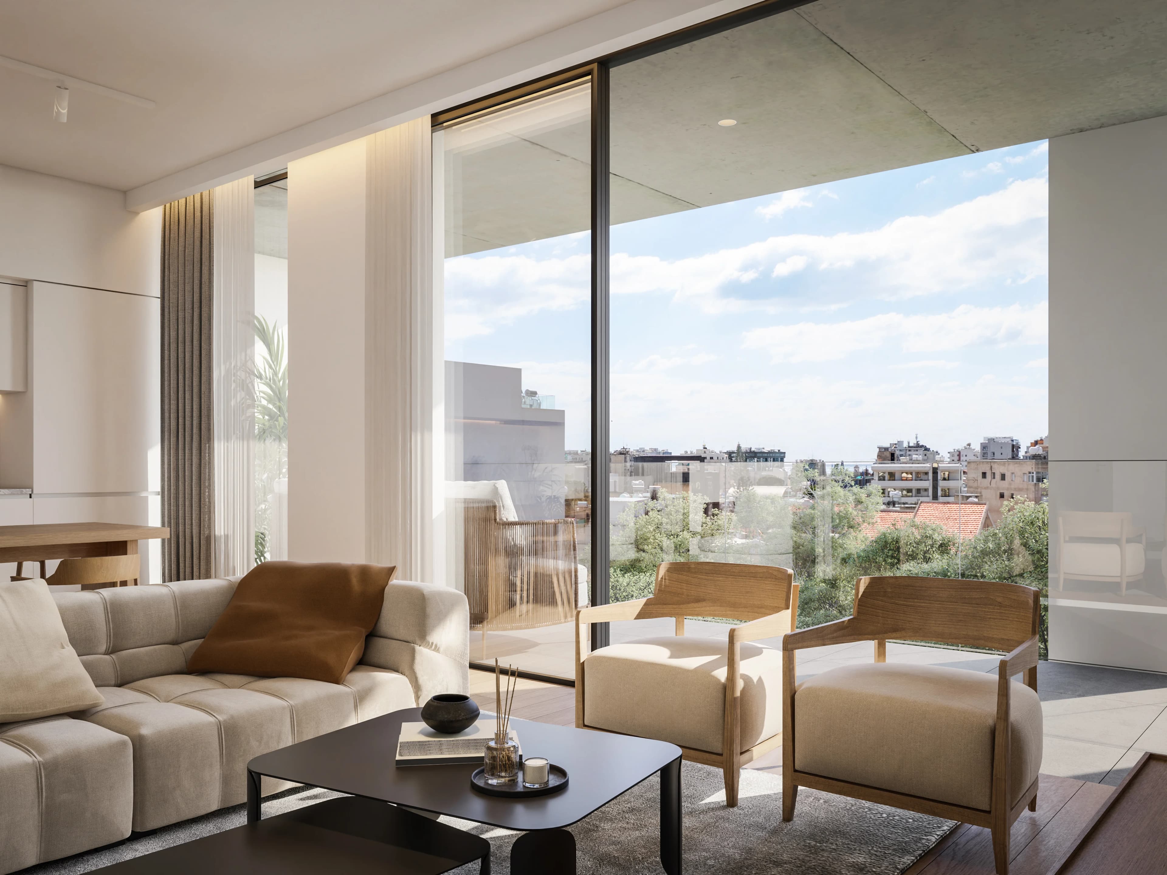KAIA living room with floor-to-ceiling glass and views over the rooftops