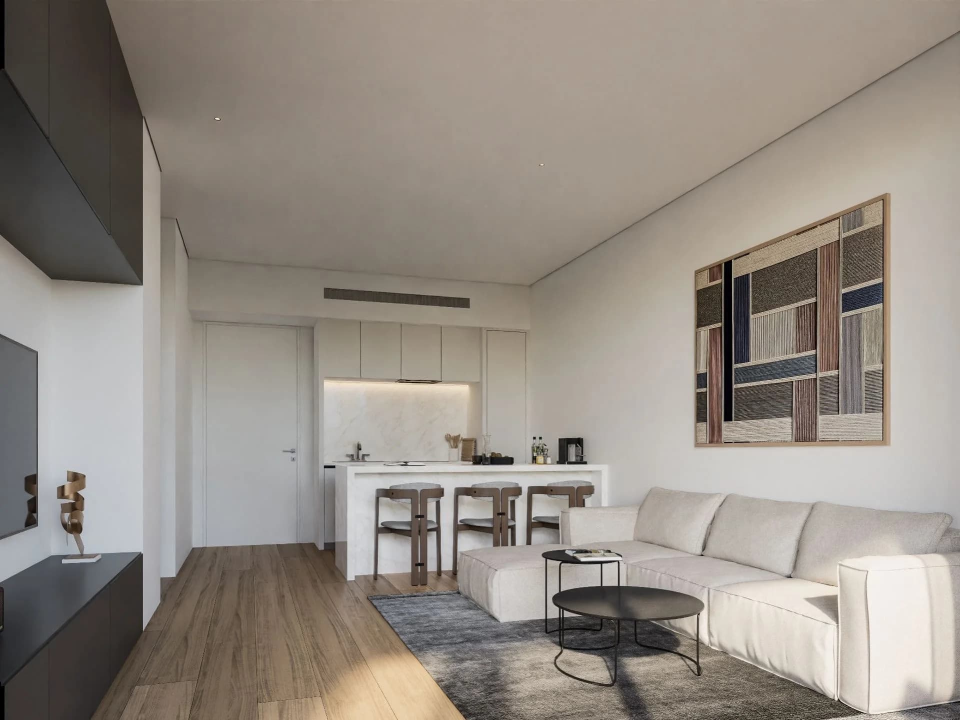 Open-plan KYMA living room with a white kitchen and bar stools