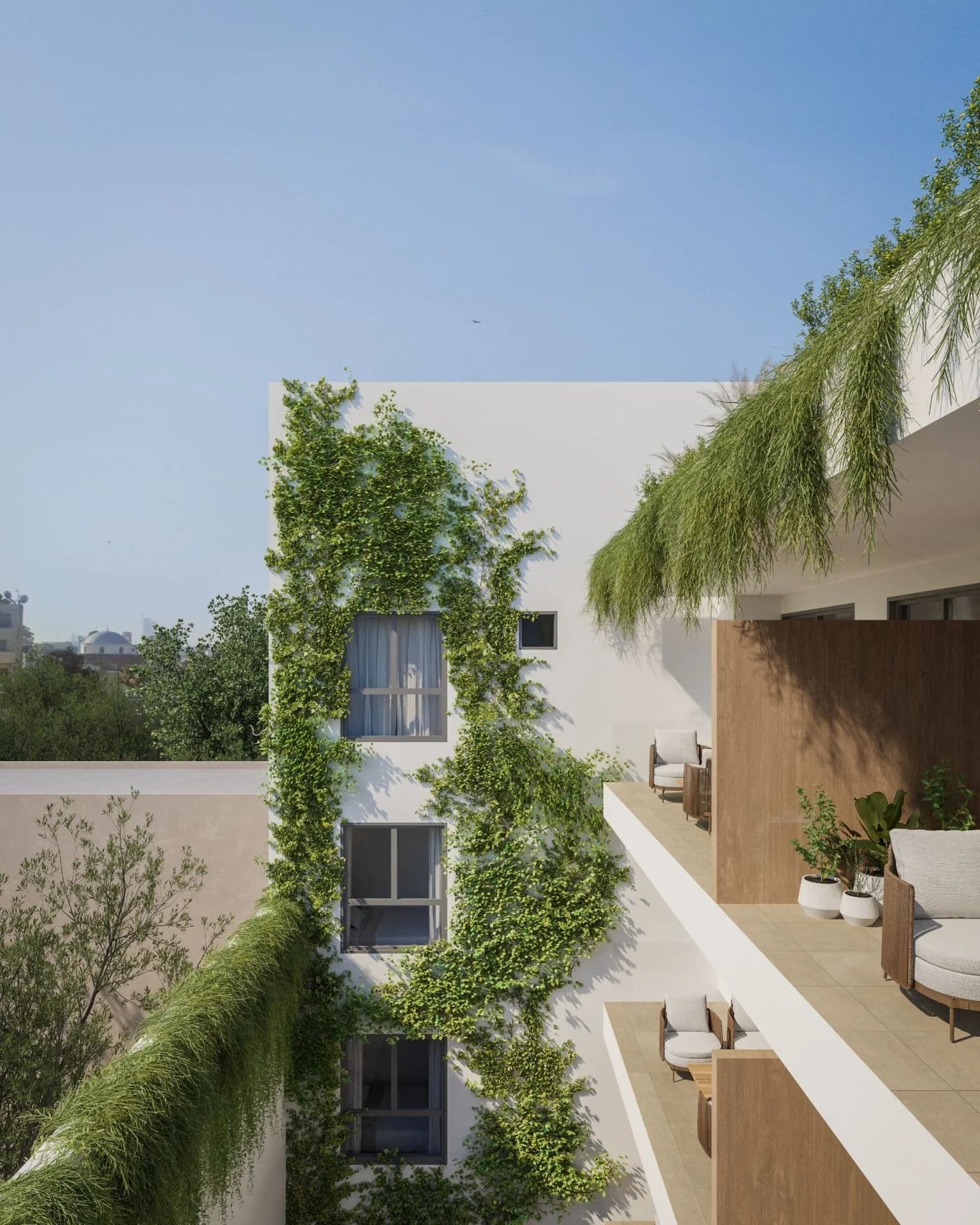 Green wall and hanging plants on KYMA's white facade