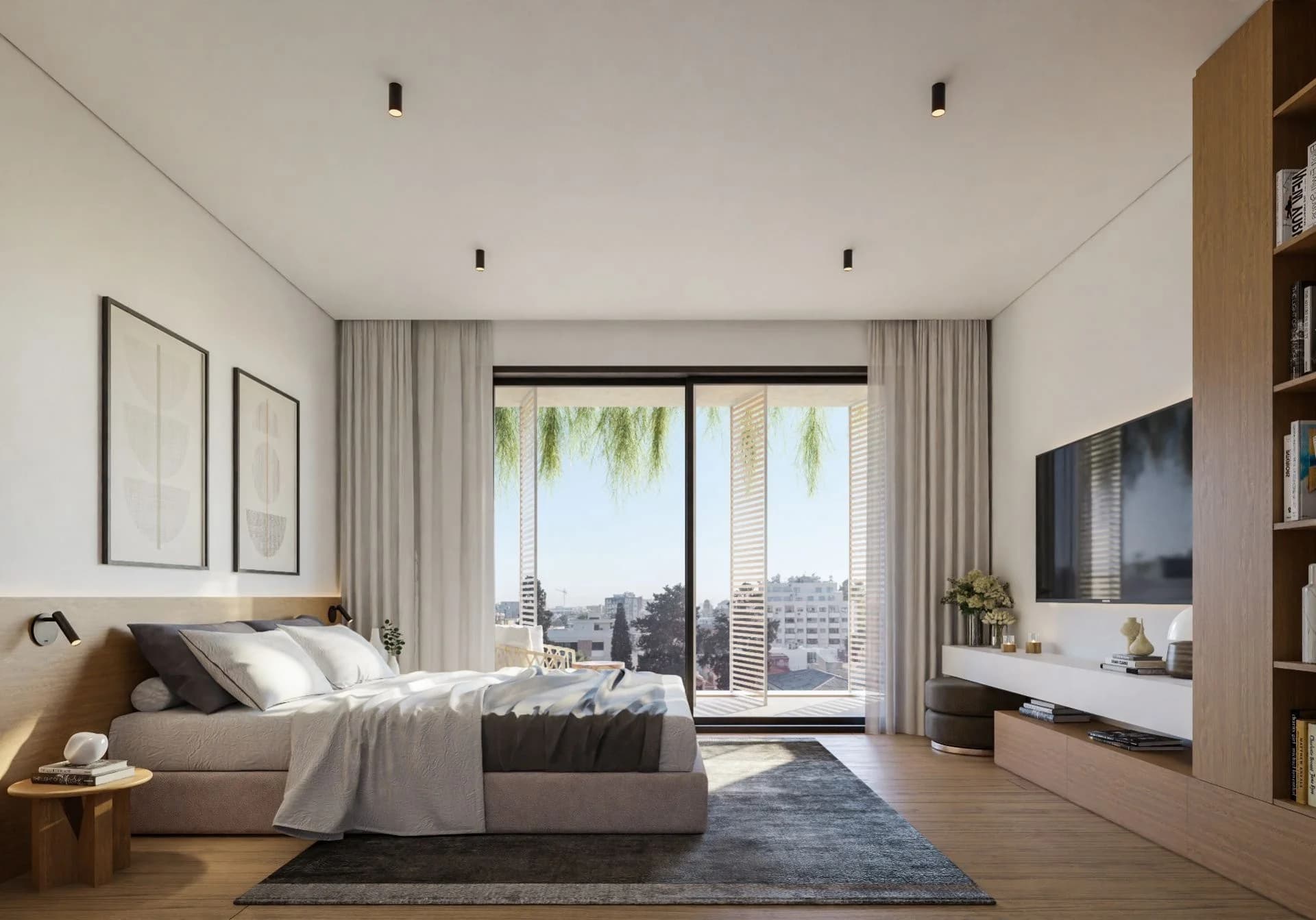 KYMA bedroom opening onto a planted balcony