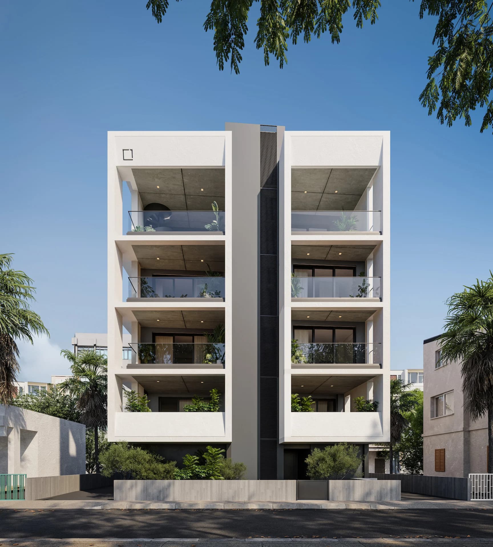 LAV's front facade with framed balconies between palm trees