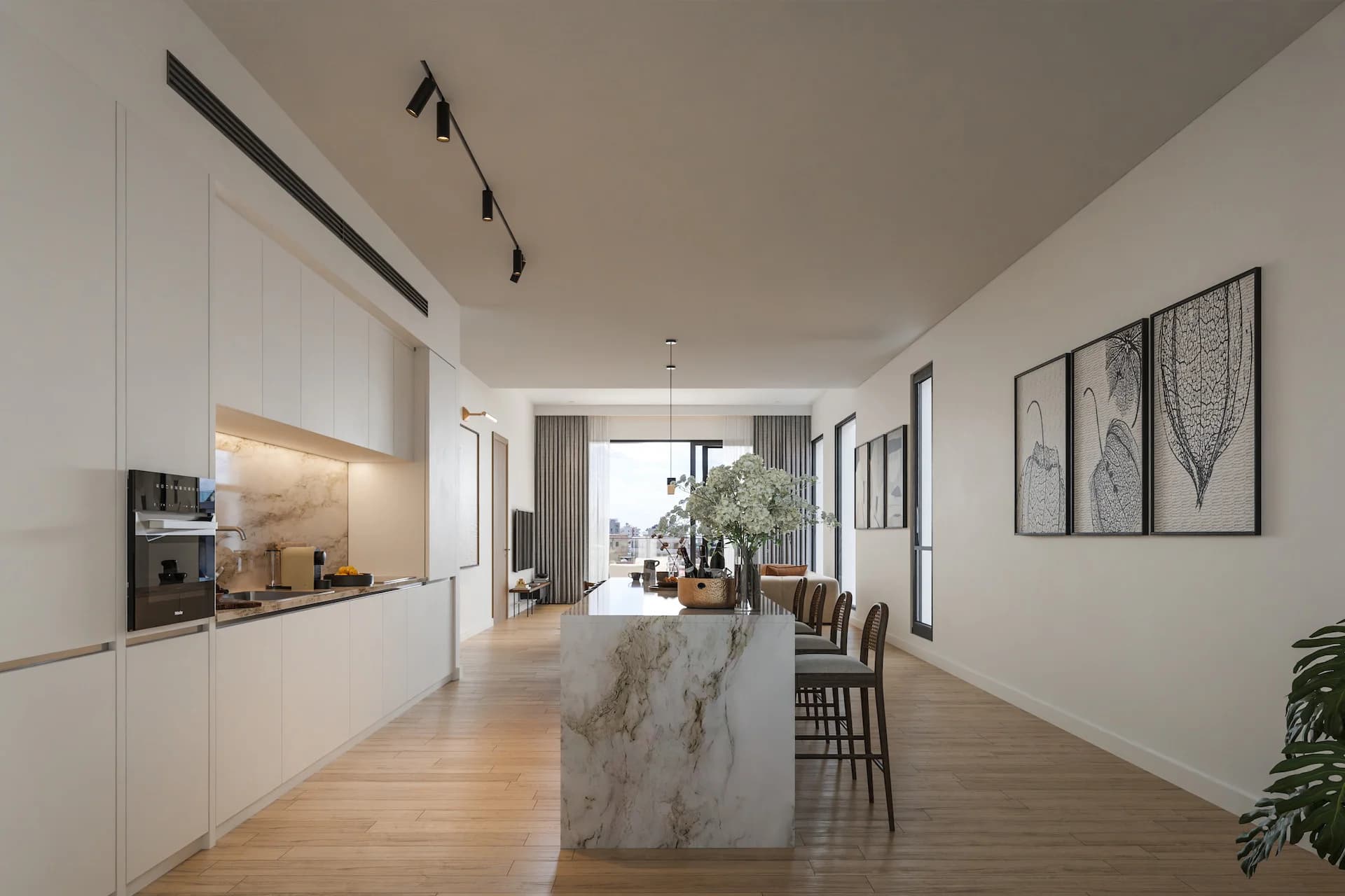 LAV kitchen with a marble island and bar stools, a balcony at the end