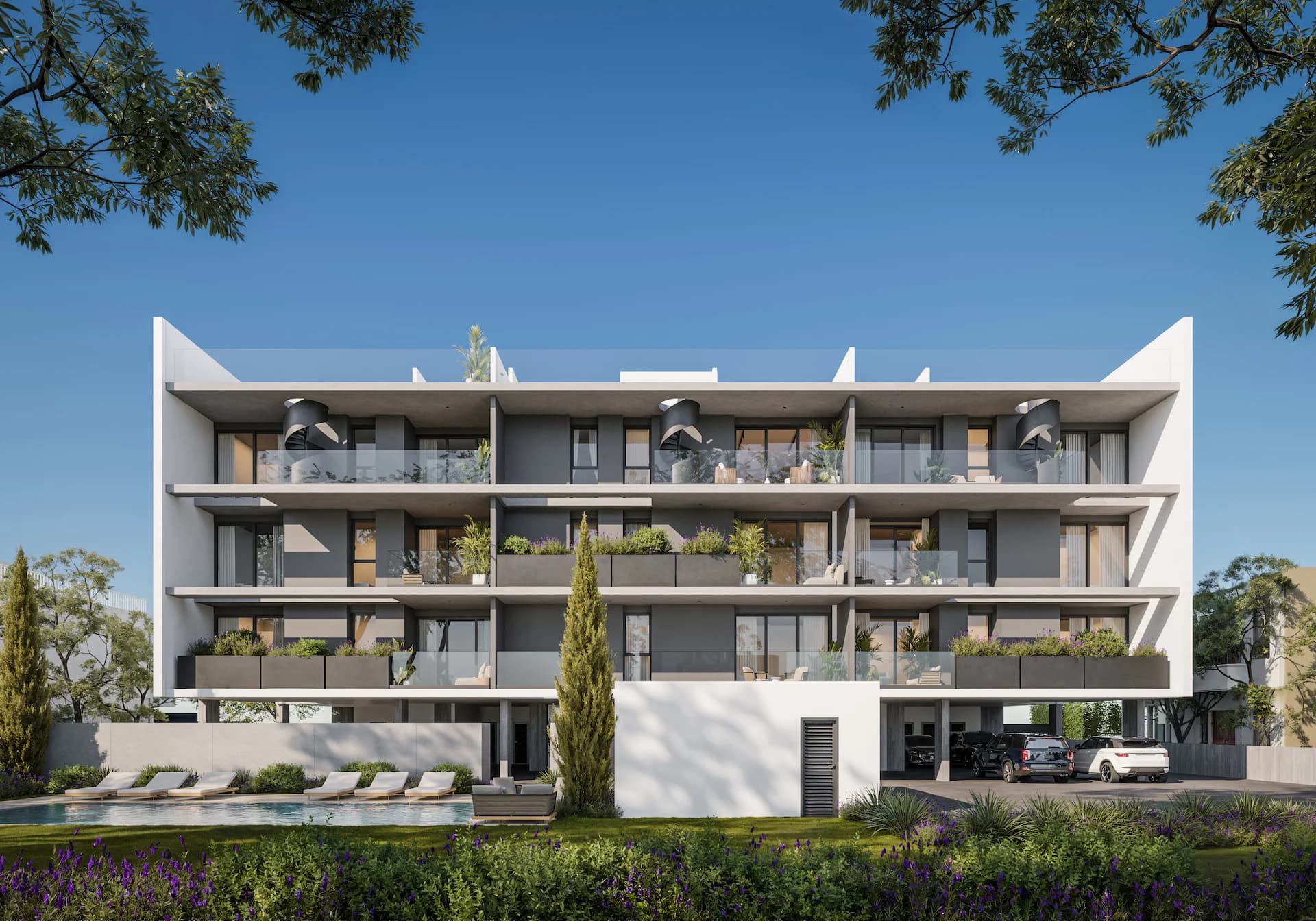 Rear of LENNOX with planted balconies above the pool