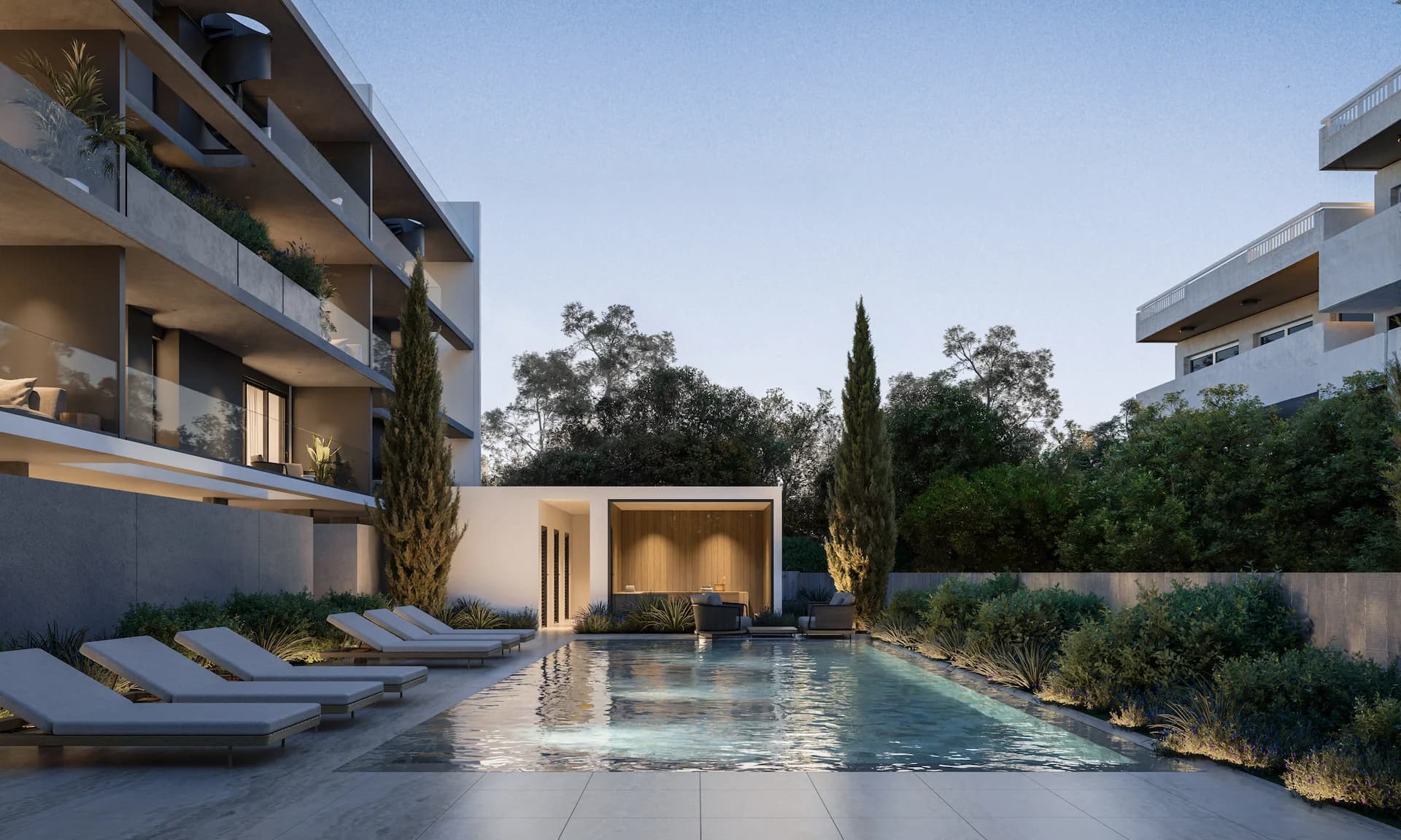 LENNOX pool at dusk with sun loungers and a timber pool house