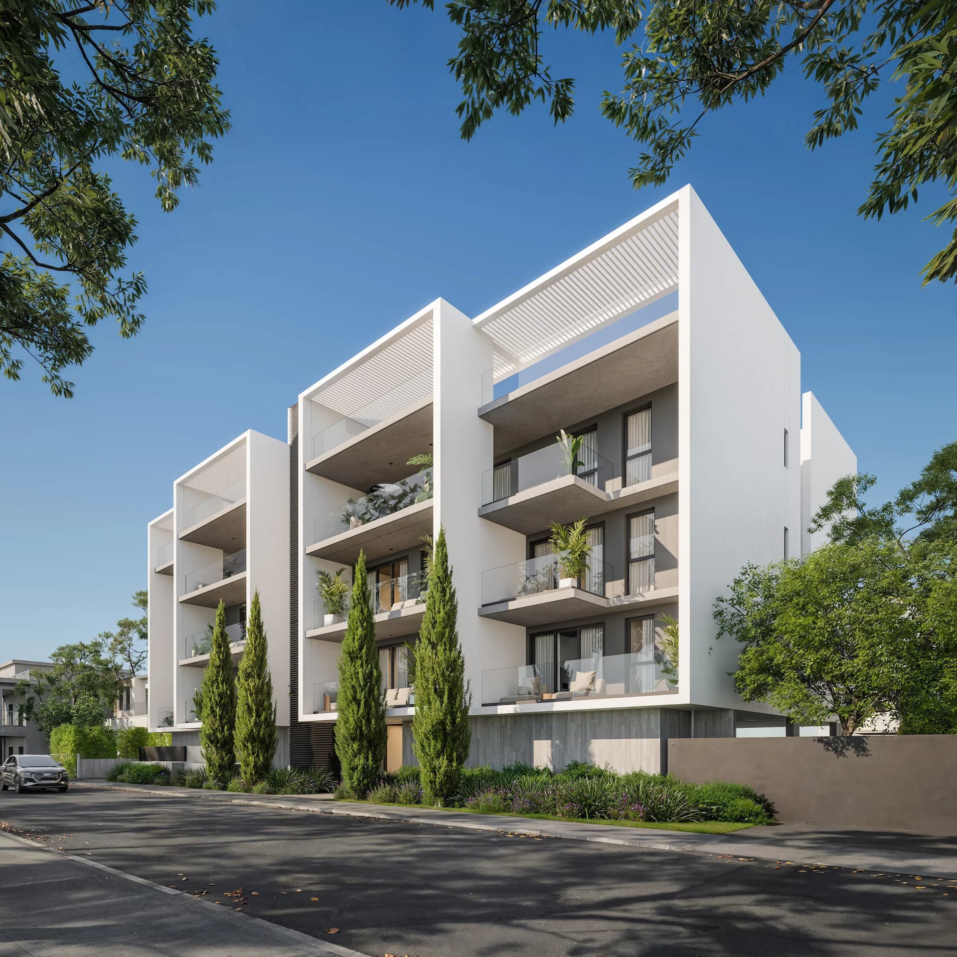 Corner view of LENNOX's balconies with louvred roof frames