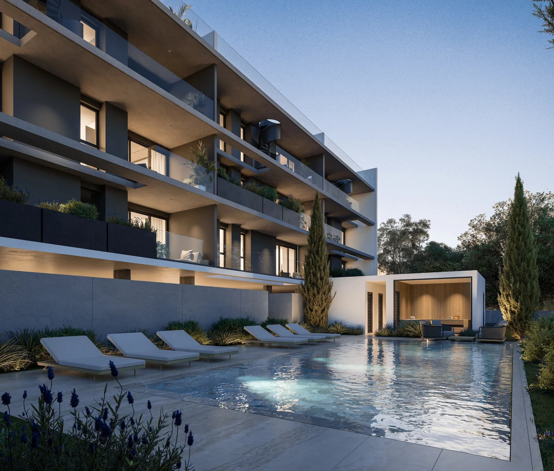 Lit LENNOX pool along the garden, the apartments above