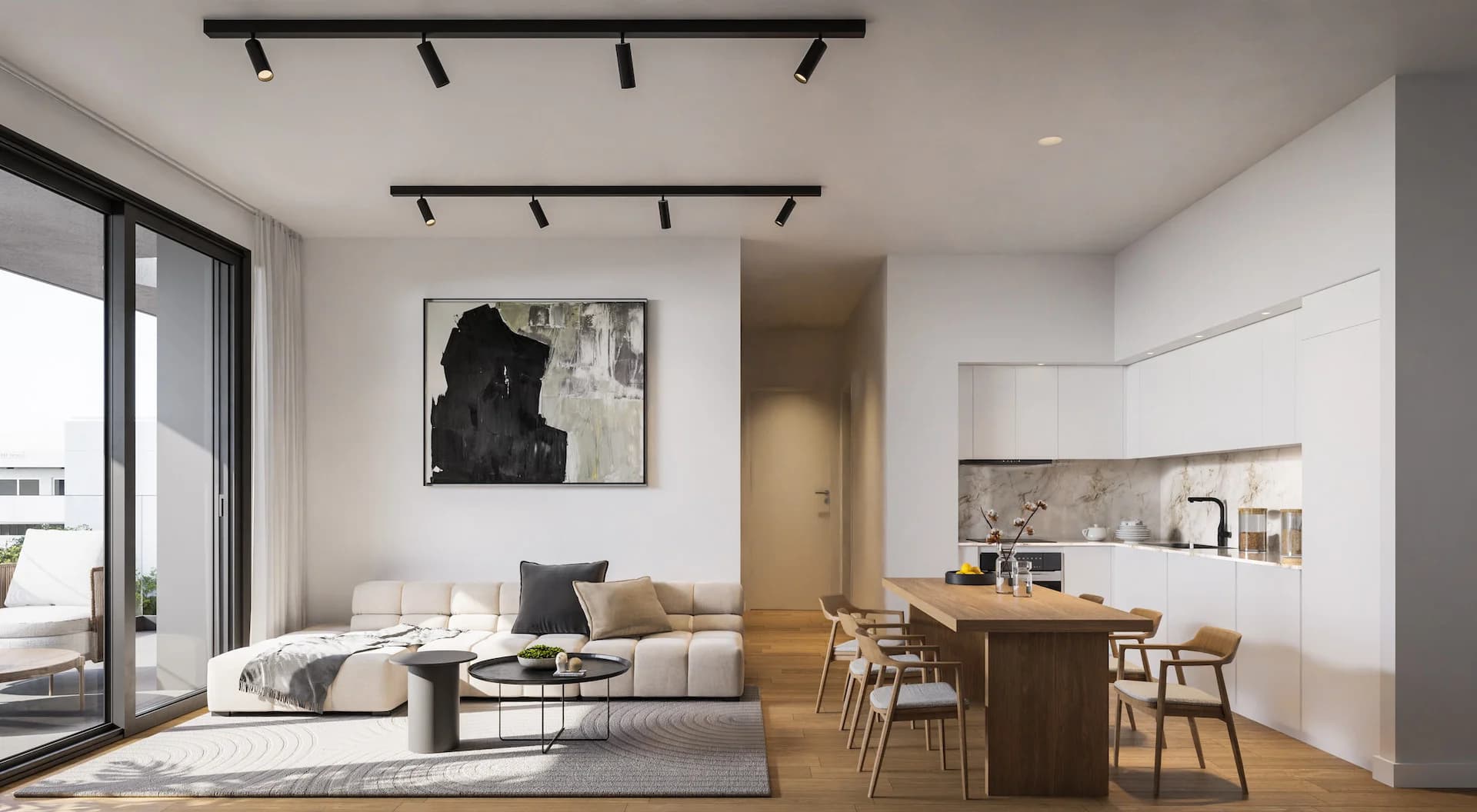 Bright LENNOX living room with an open kitchen and dining table