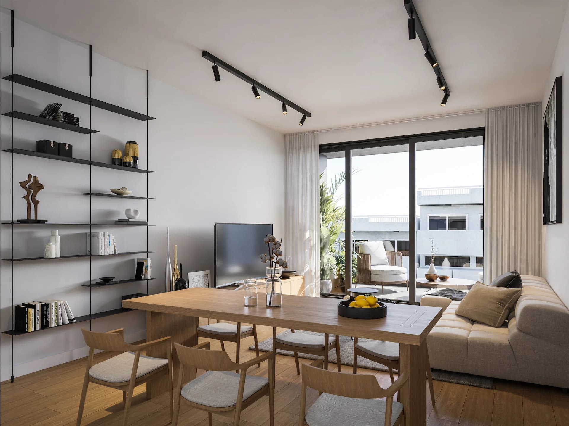 LENNOX living and dining area with open shelving and balcony doors