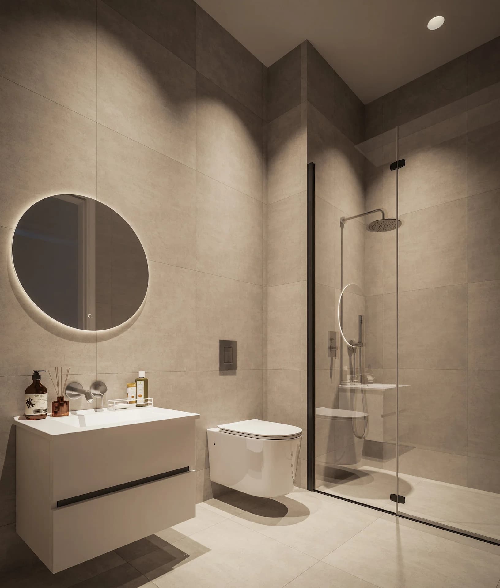 LENNOX shower room with a round backlit mirror