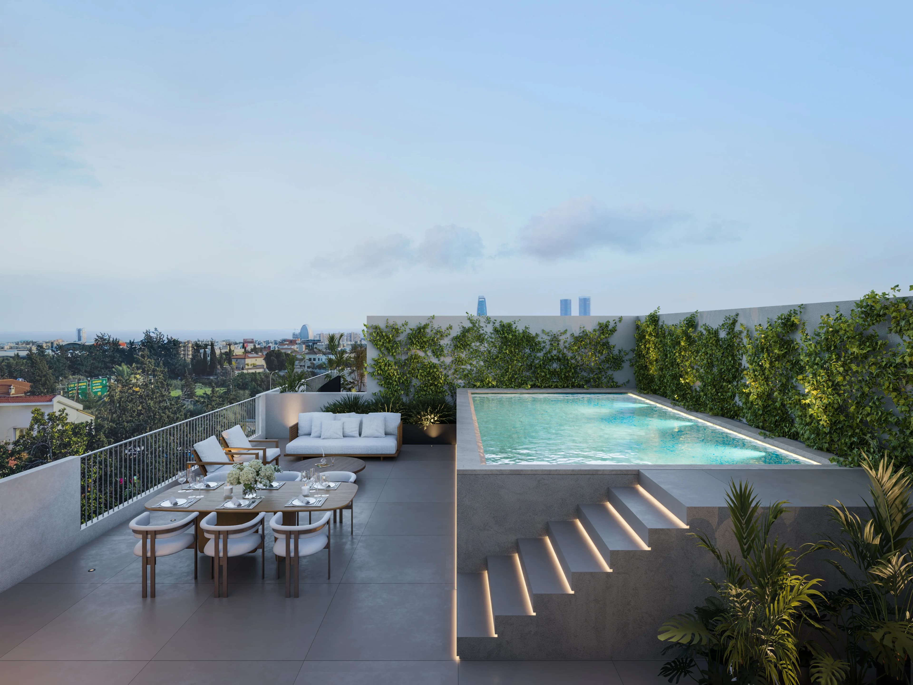 NAYA's rooftop pool and dining terrace with views to Limassol's towers