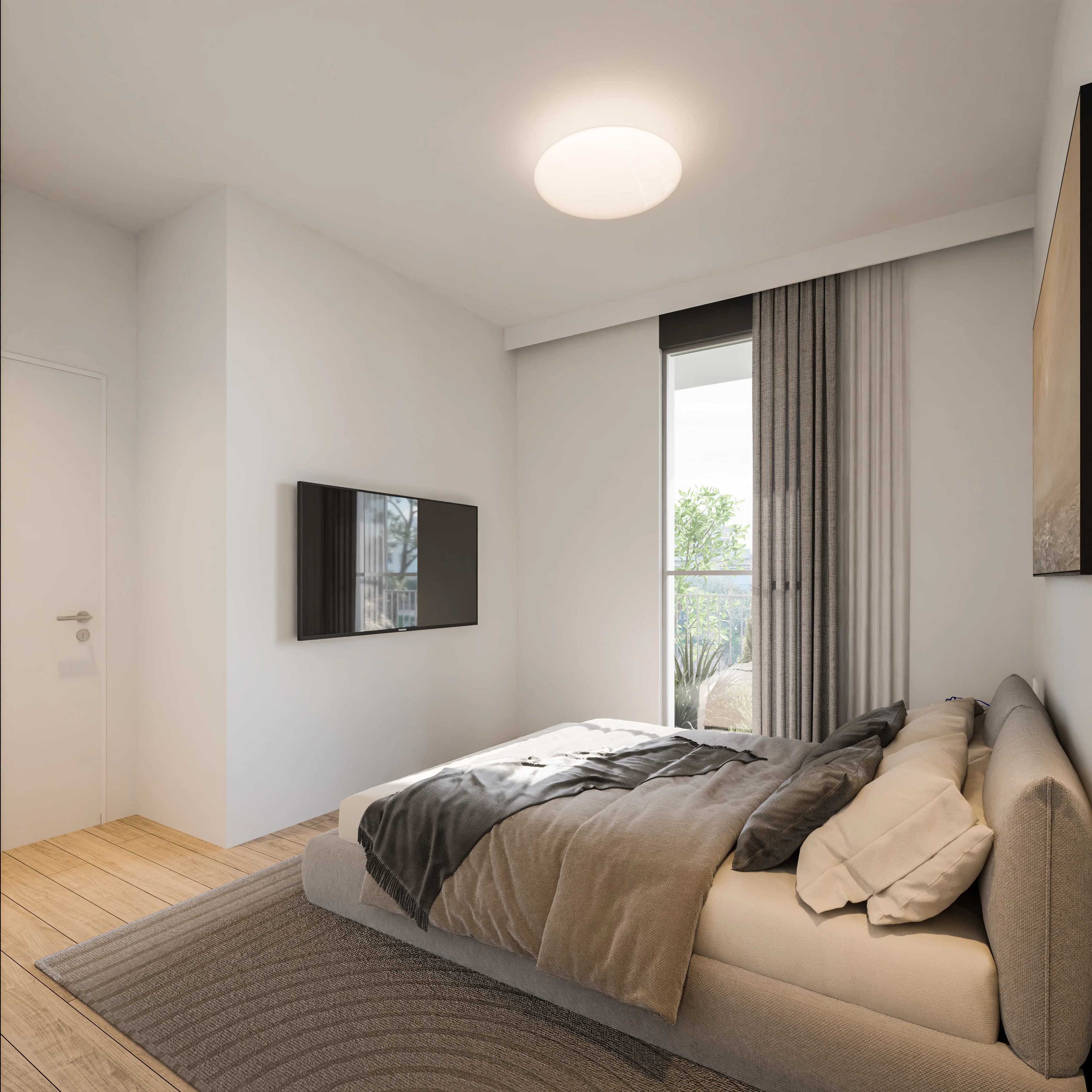 NAYA bedroom with a tall window and a wall-mounted TV