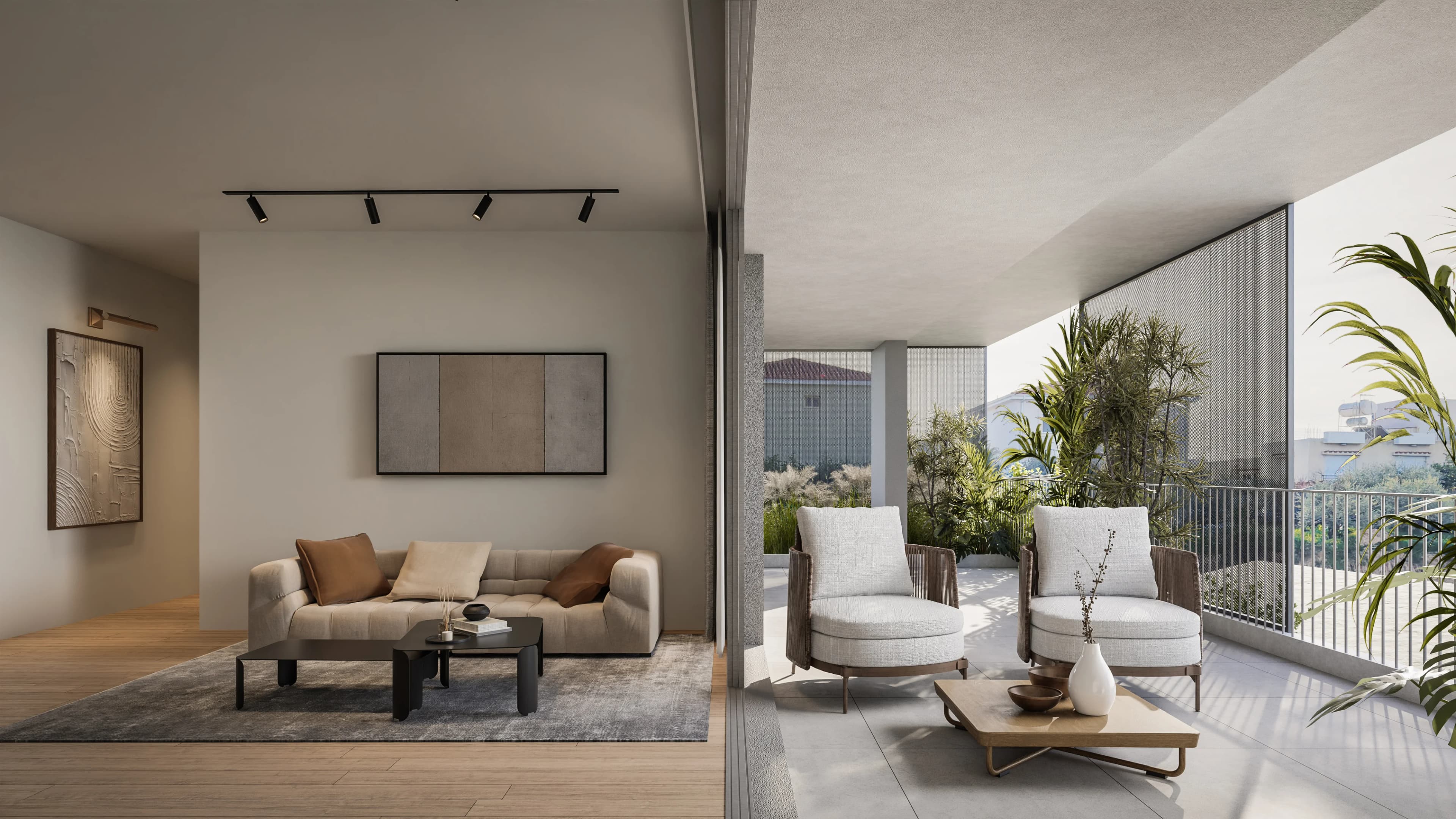 NAYA living room opening onto a planted balcony