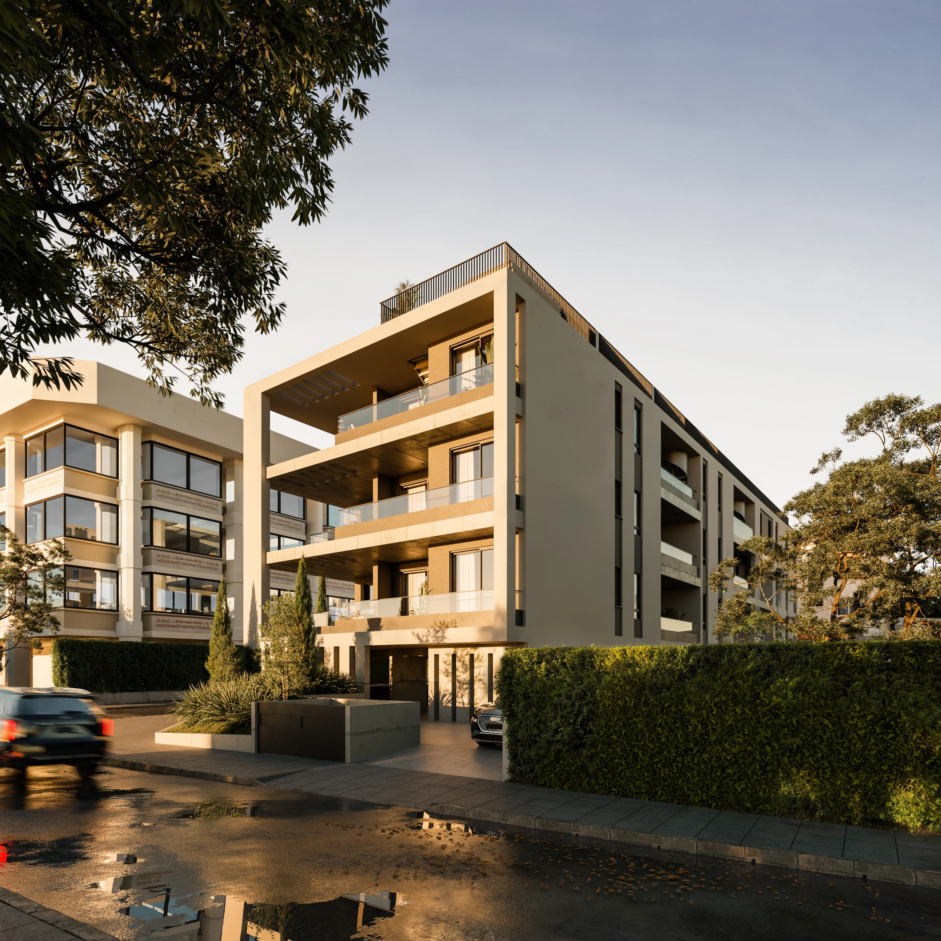 NEON's warm-toned facade with framed balconies on a tree-lined street
