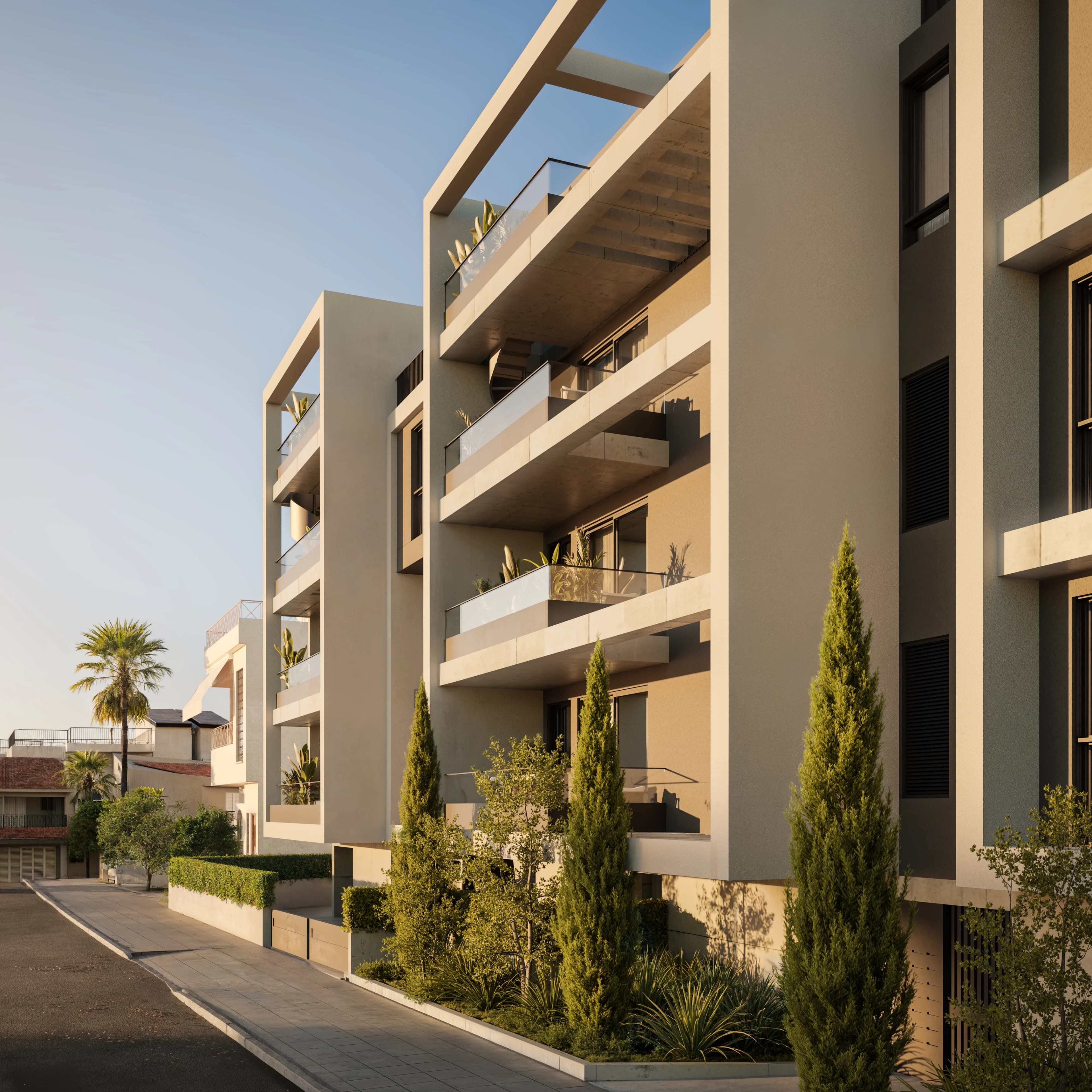 Corner of NEON with layered balconies, cypress trees and a palm