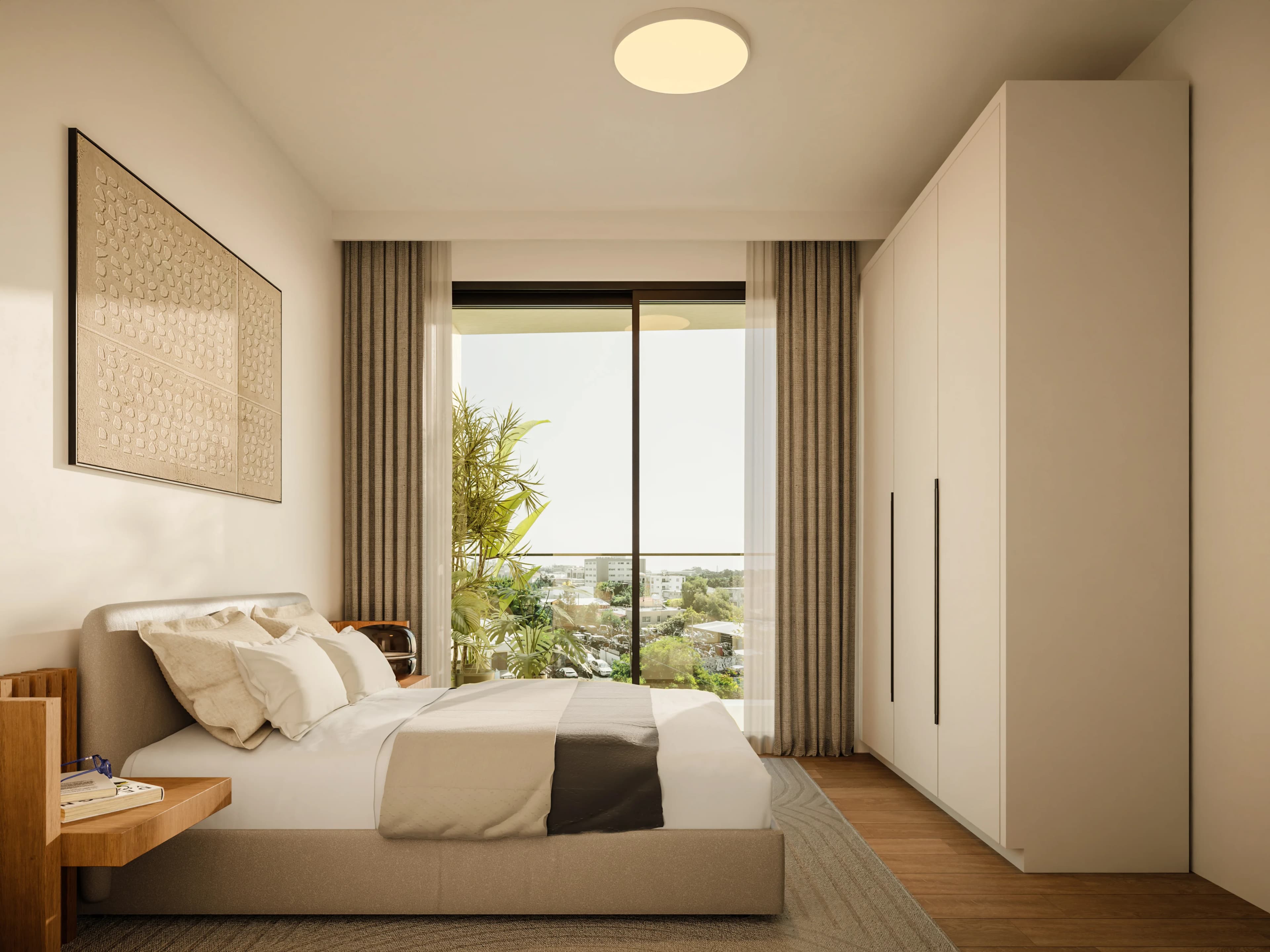 NEON bedroom with full-height glass doors onto a planted balcony