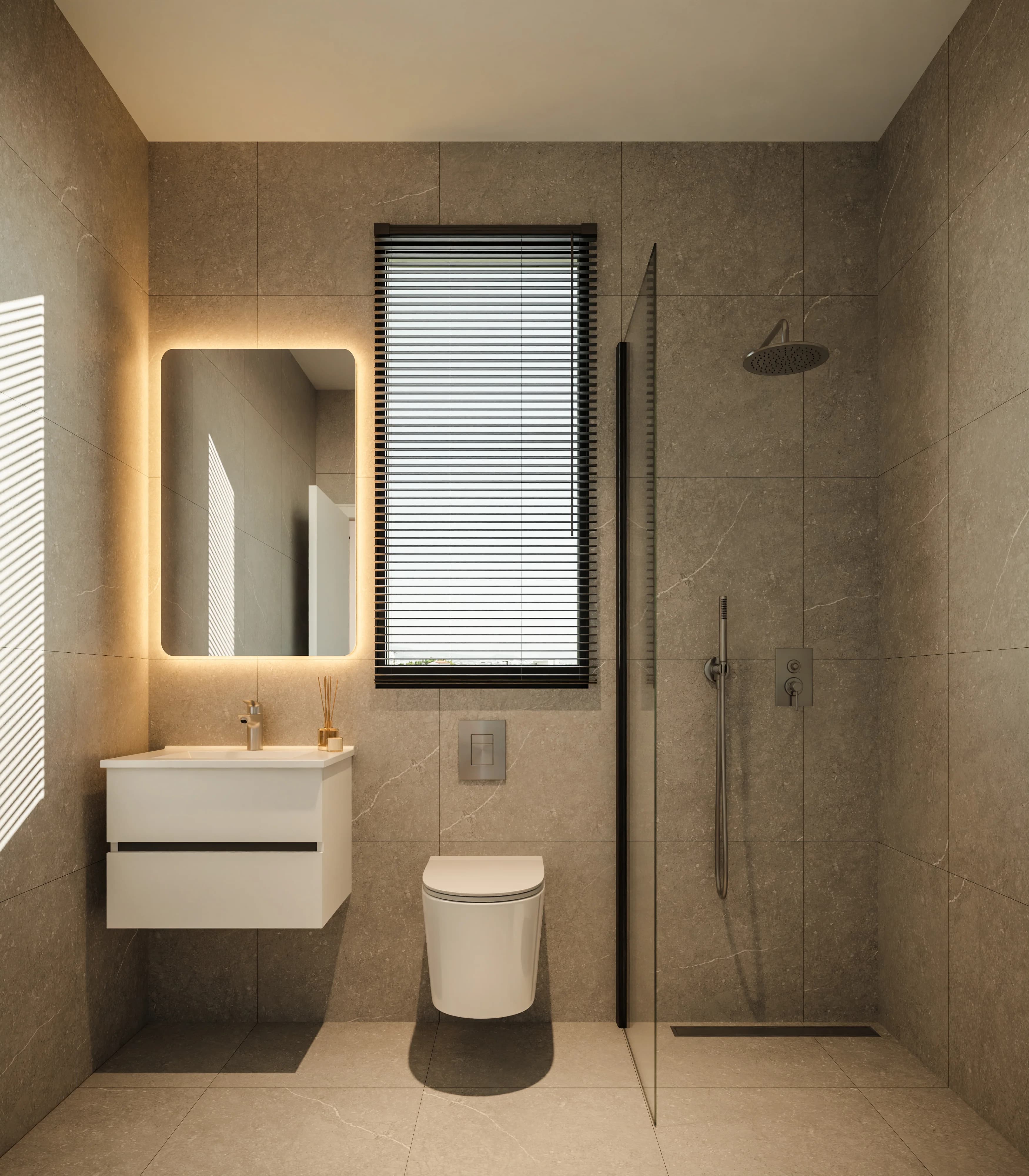 NEON shower room with a backlit mirror and stone-look tiles