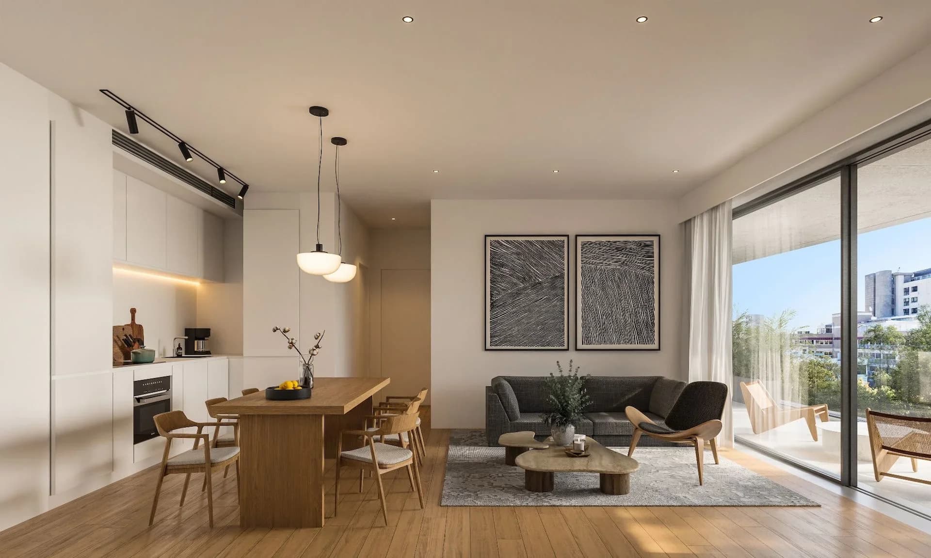 NEVE open-plan living, dining and kitchen with glass doors to a balcony
