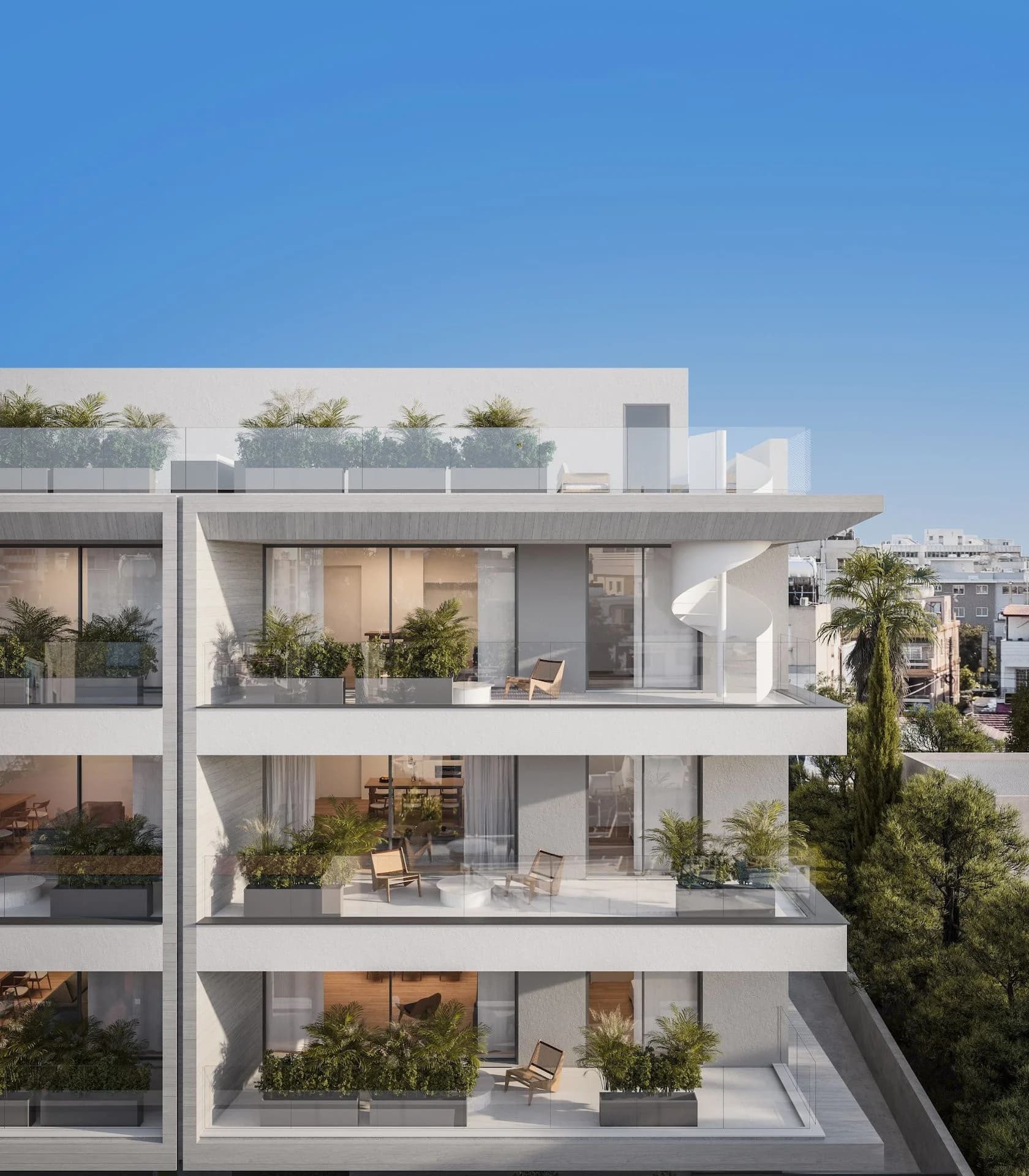 NEVE balconies with planters and a white spiral stair up to the roof garden