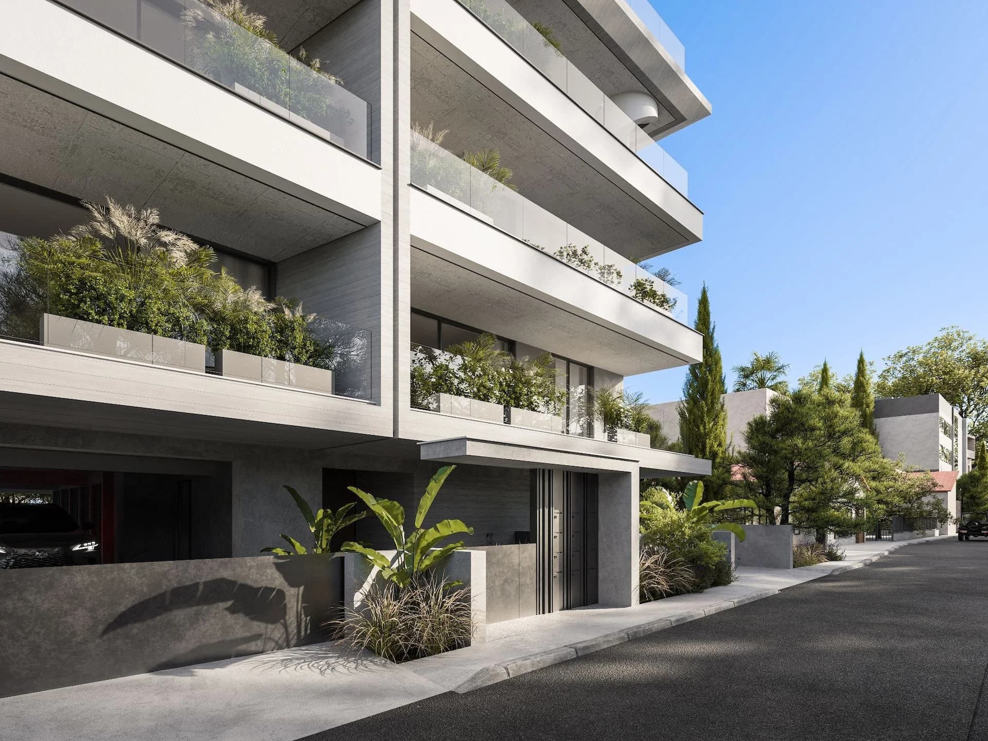NEVE's planted balconies above a landscaped entrance