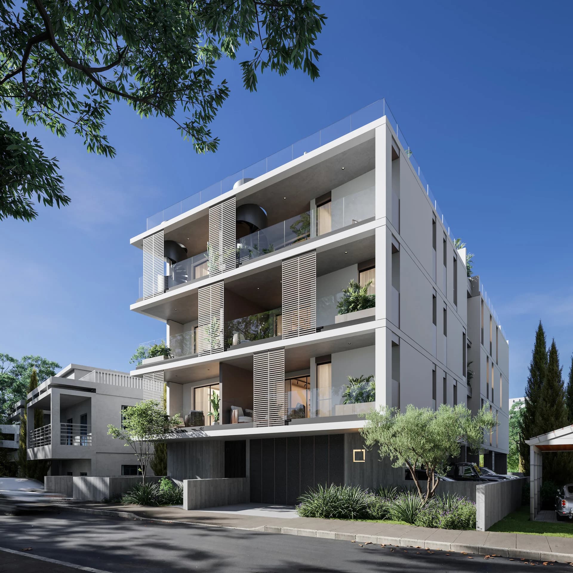 NOA's white facade with timber louvred screens and planted balconies