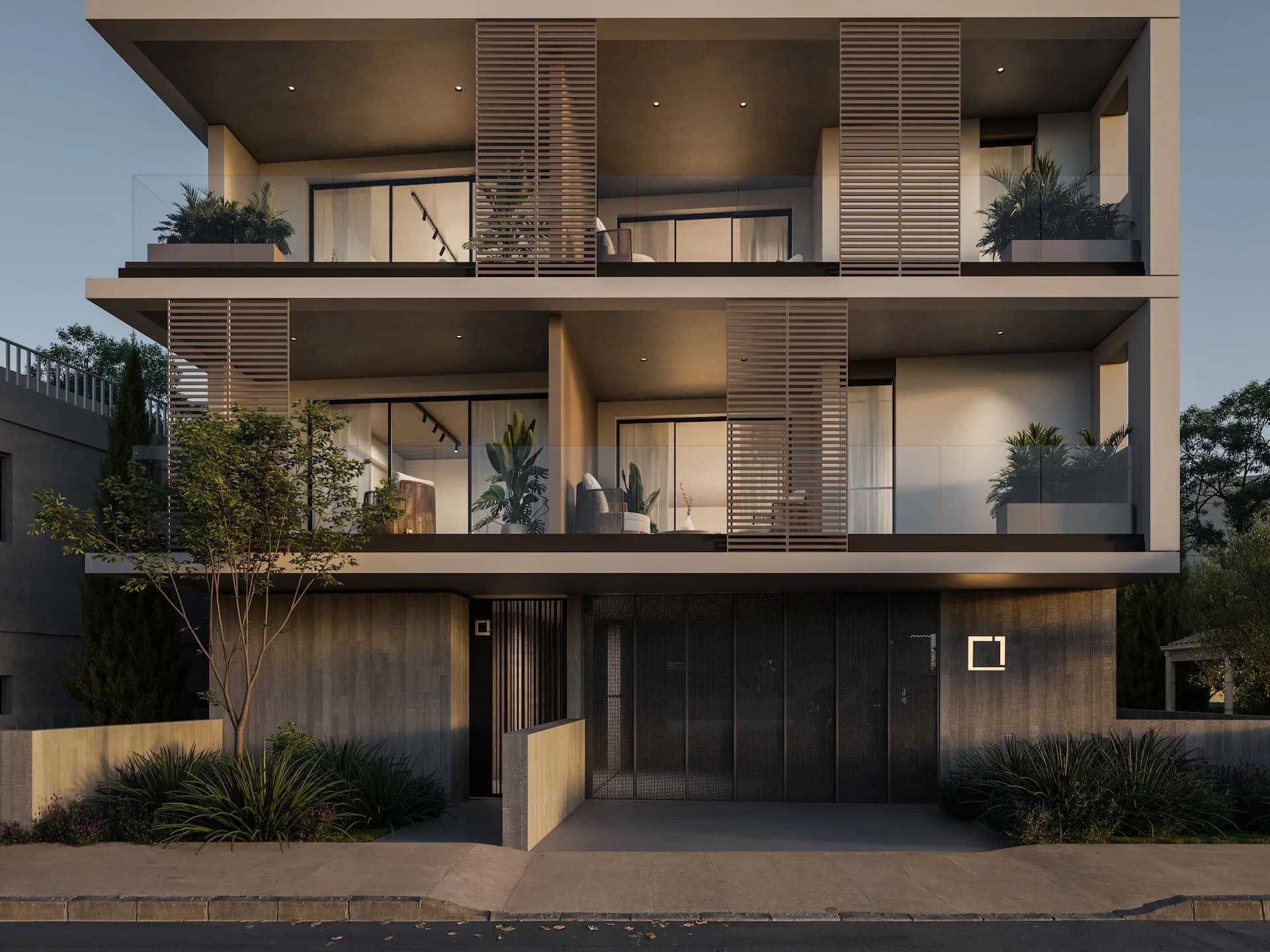 NOA's warm-lit balconies and timber screens above the entrance