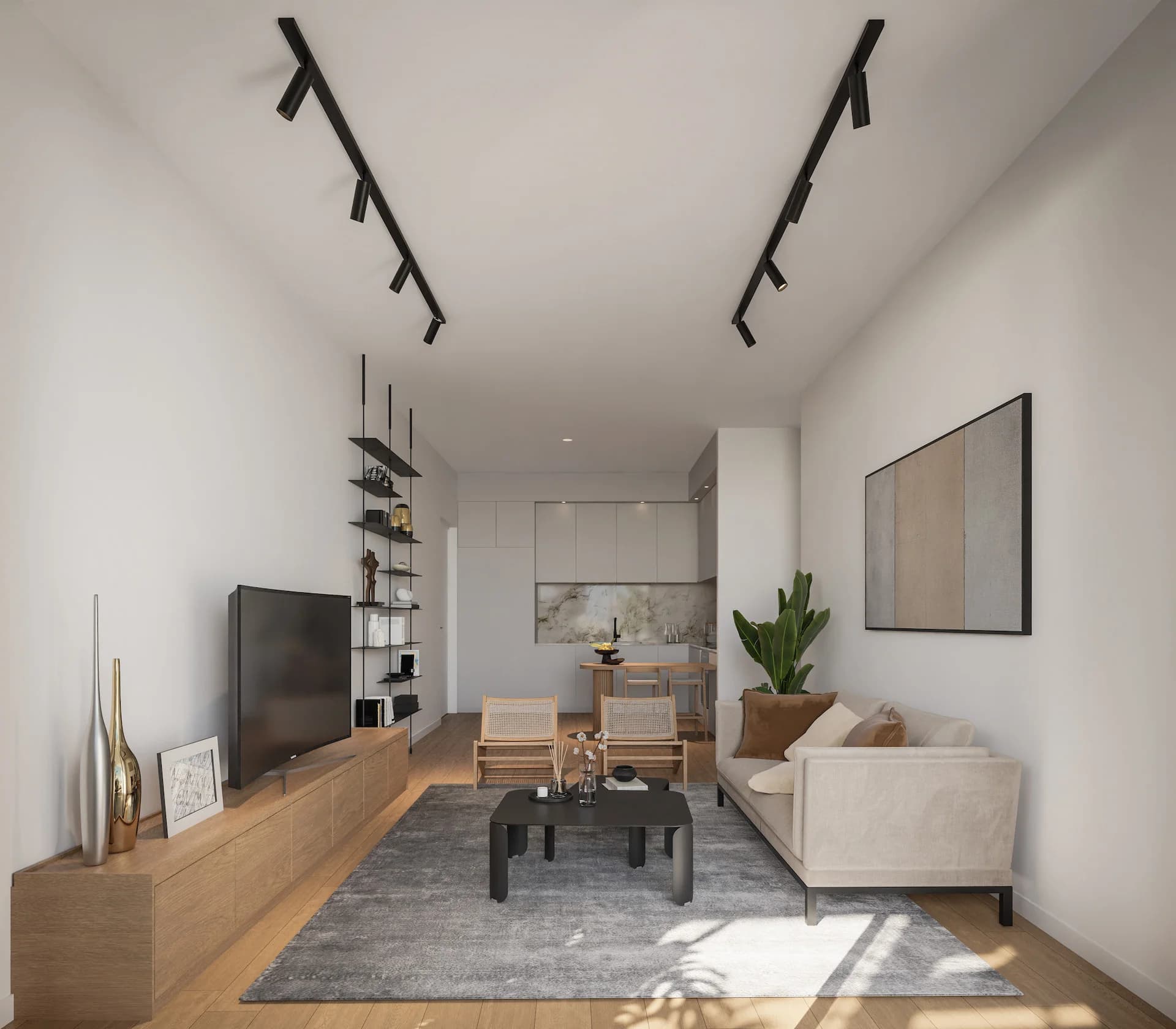 NOA living room with open shelving and a dining area beyond
