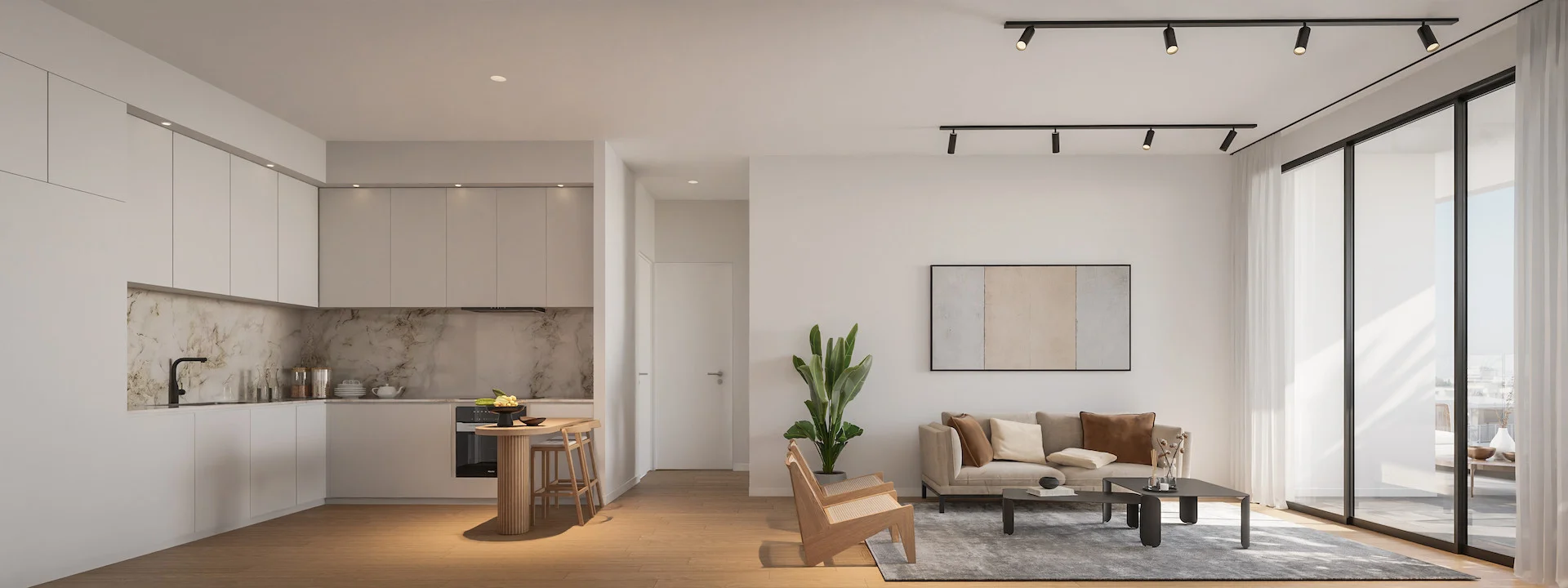 NOA living room and kitchen with a marble splashback