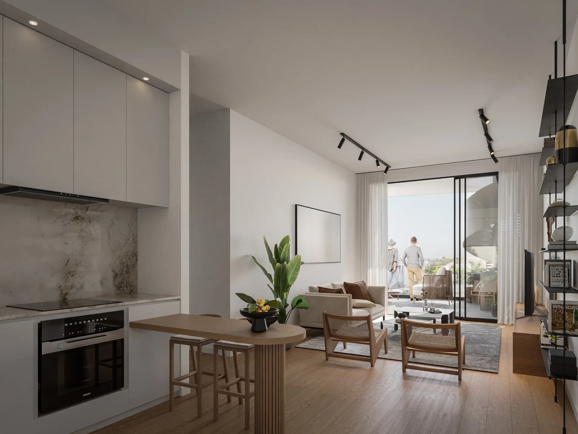 NOA open-plan kitchen and living room opening onto a balcony