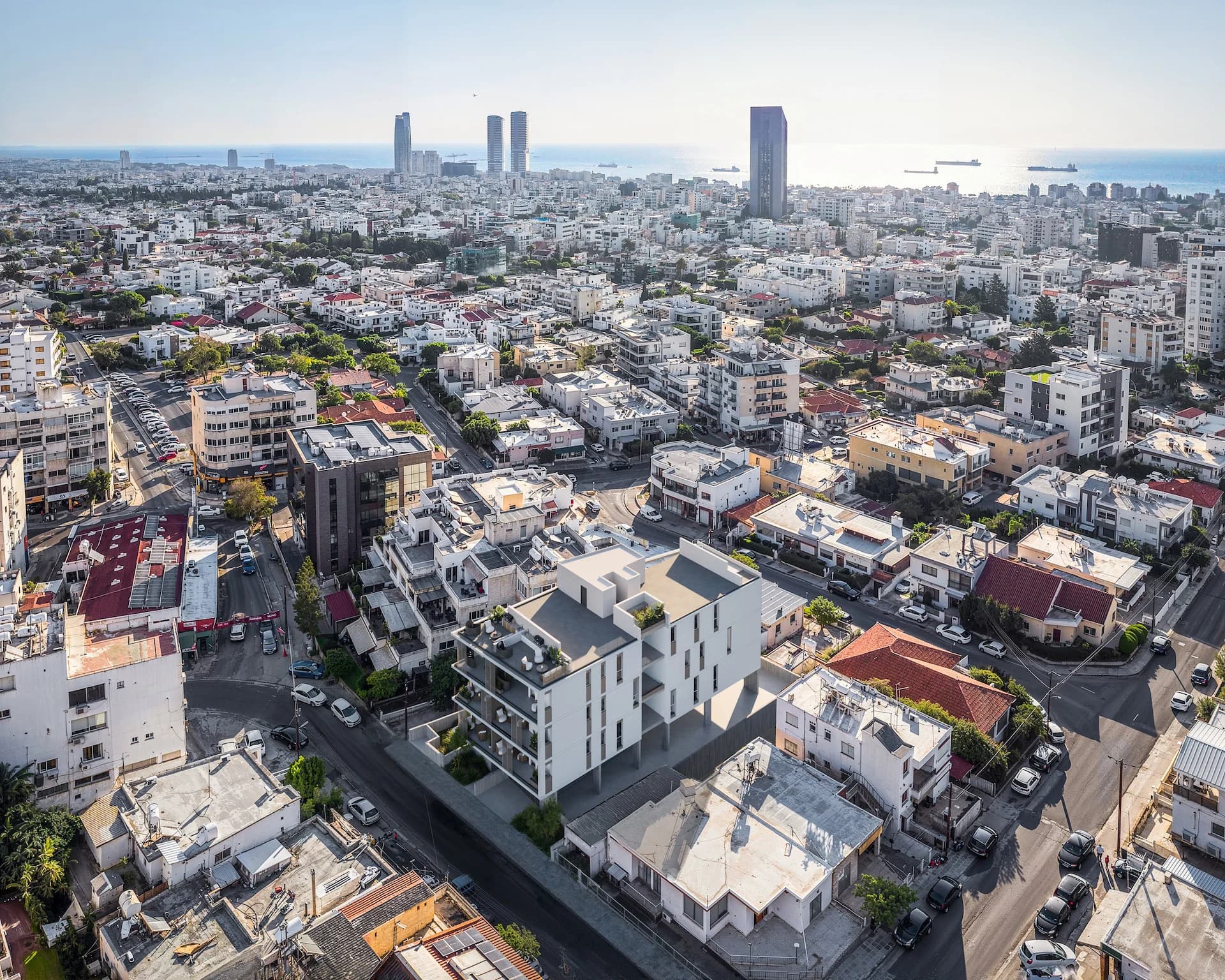 Aerial view of NOA in Mesa Geitonia among Limassol's rooftops