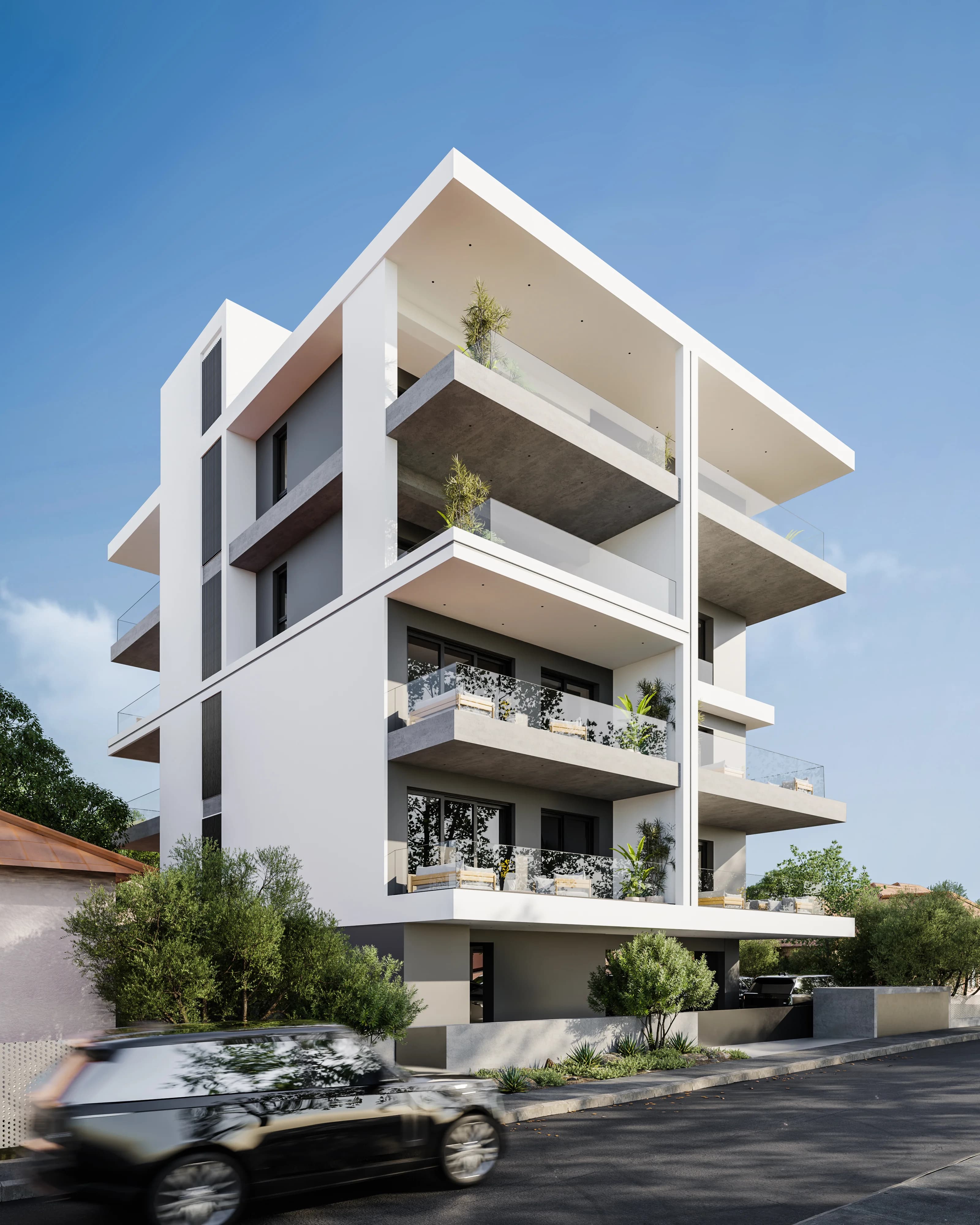 OLIVEA's white facade with deep cantilevered balconies and planters