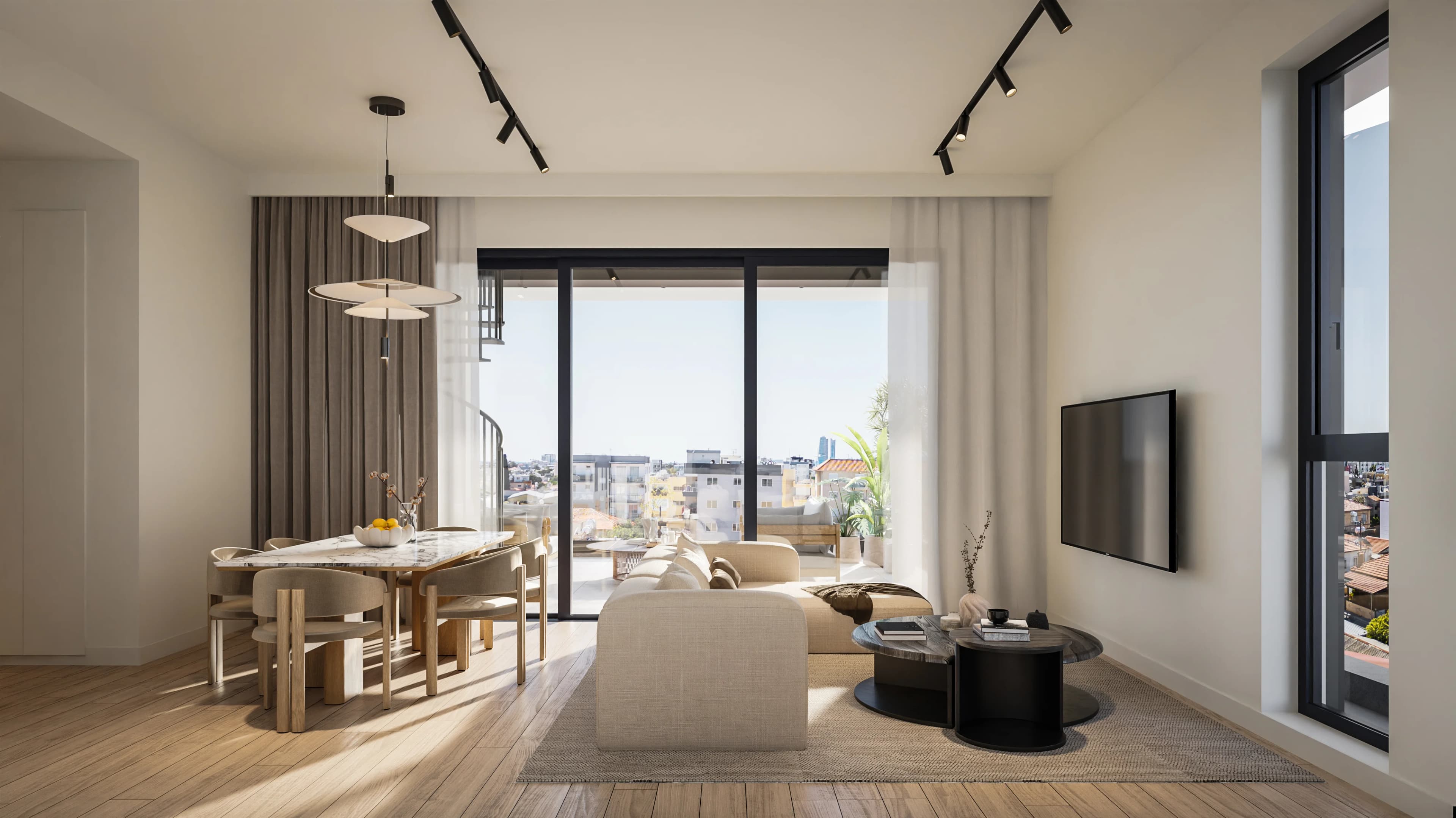 OLIVEA living and dining room opening onto a balcony with city views