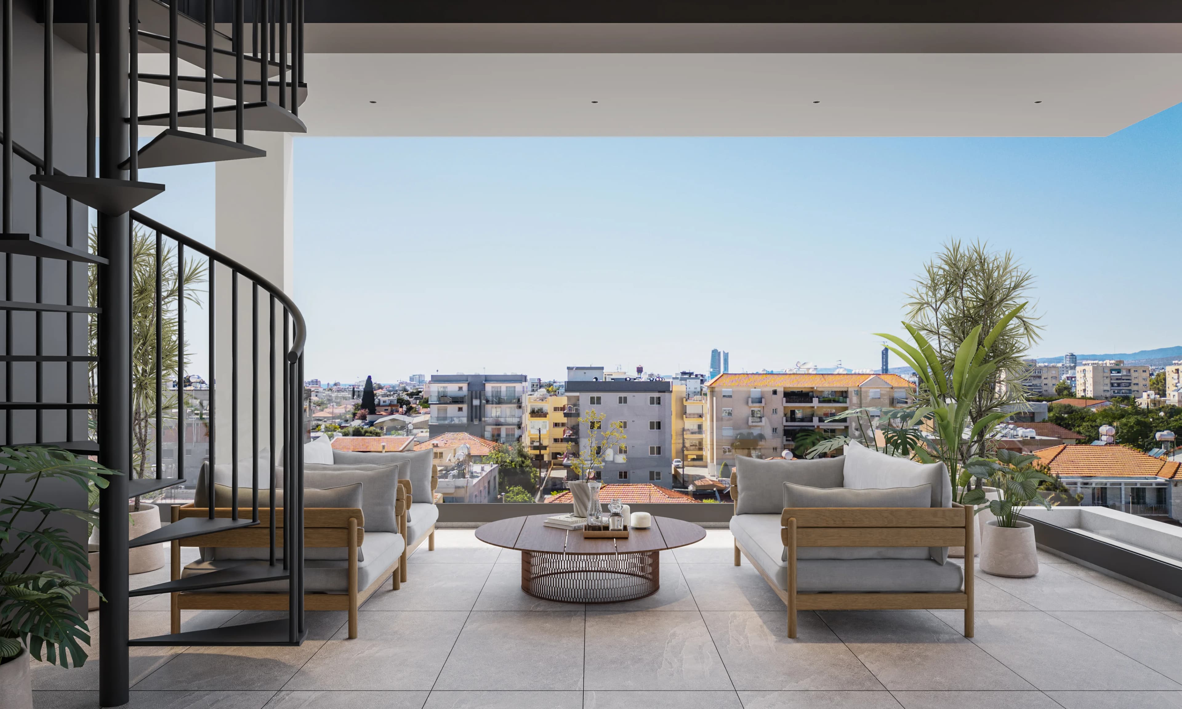 OLIVEA roof terrace with a spiral stair and lounge seating over the rooftops
