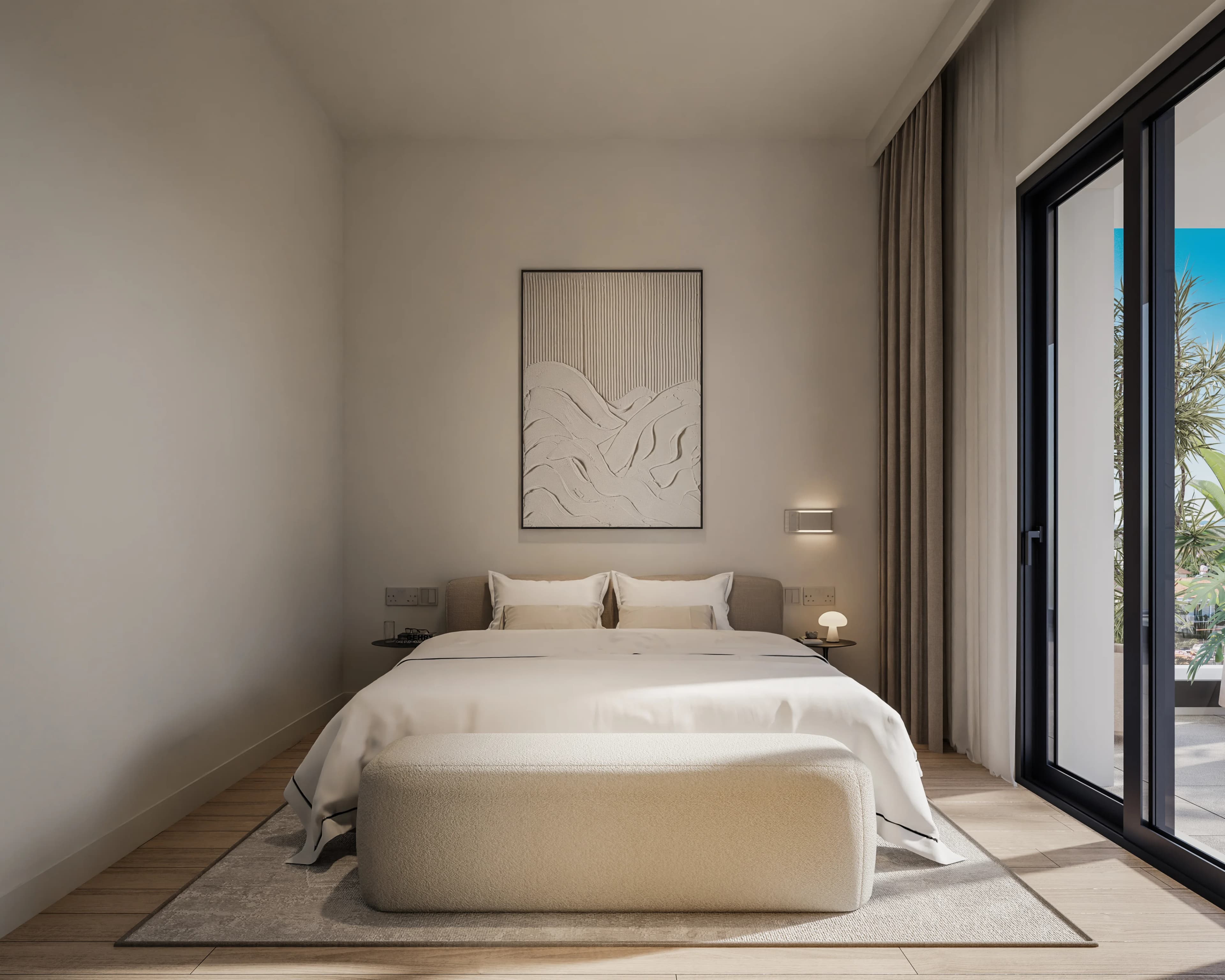 OLIVEA bedroom with a tall window and a textured artwork