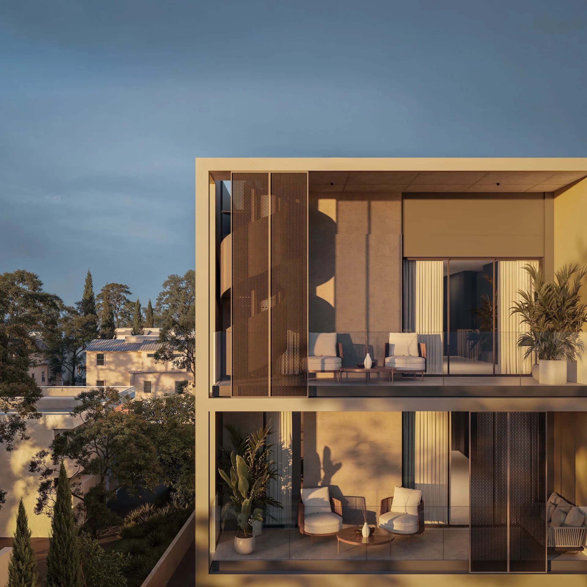 ORAMA balcony lit warmly at dusk behind a bronze screen