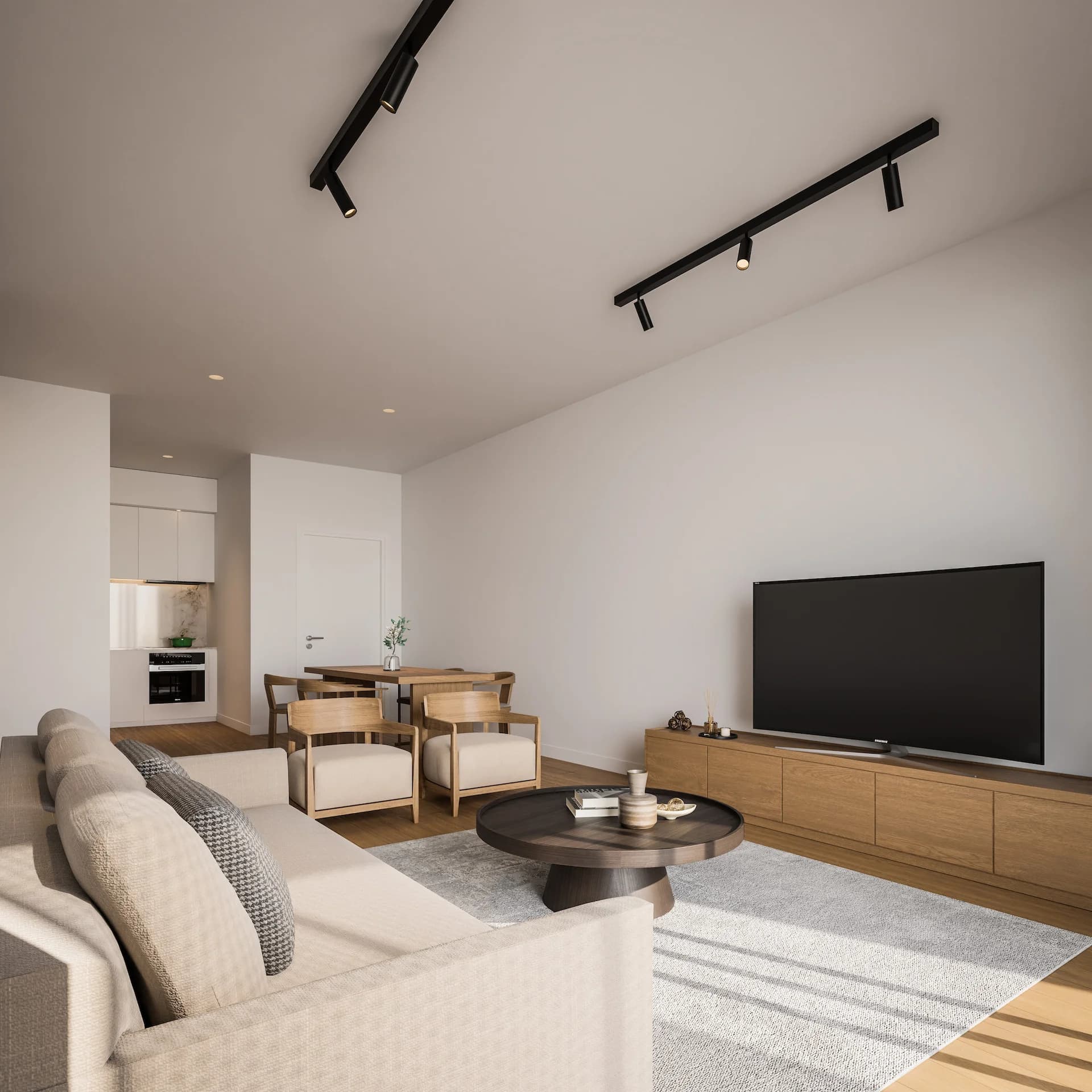ORAMA open-plan living room and kitchen with timber floors