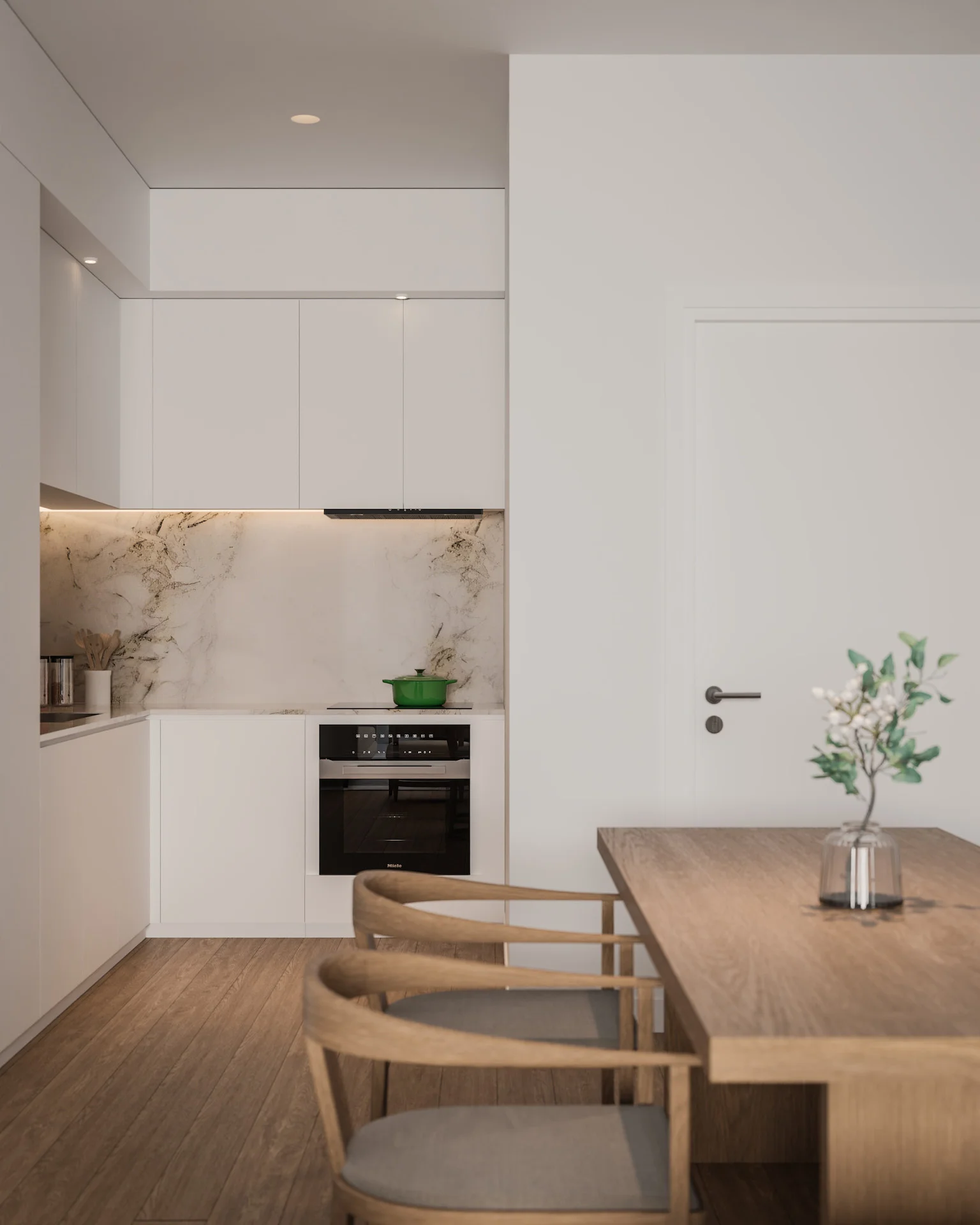 ORAMA kitchen with a marble splashback and white cabinets