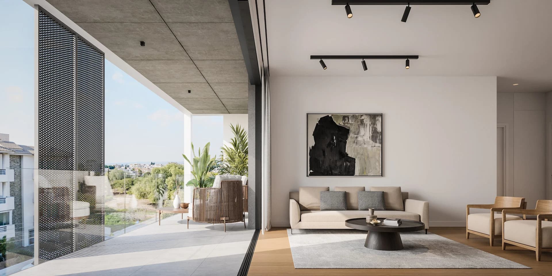 ORAMA living room opening onto a covered balcony with a sliding screen