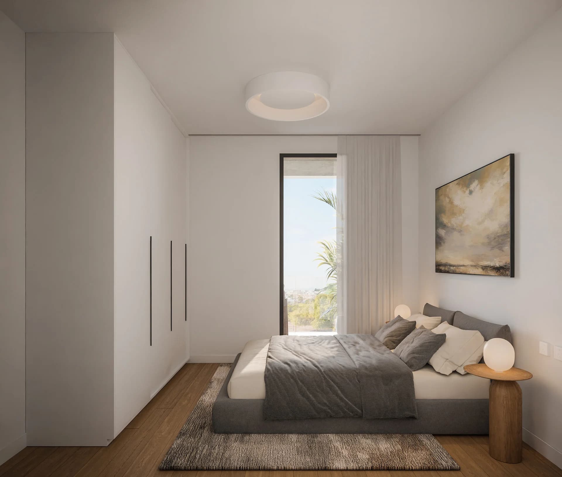 ORAMA bedroom with a tall window and a cloud painting