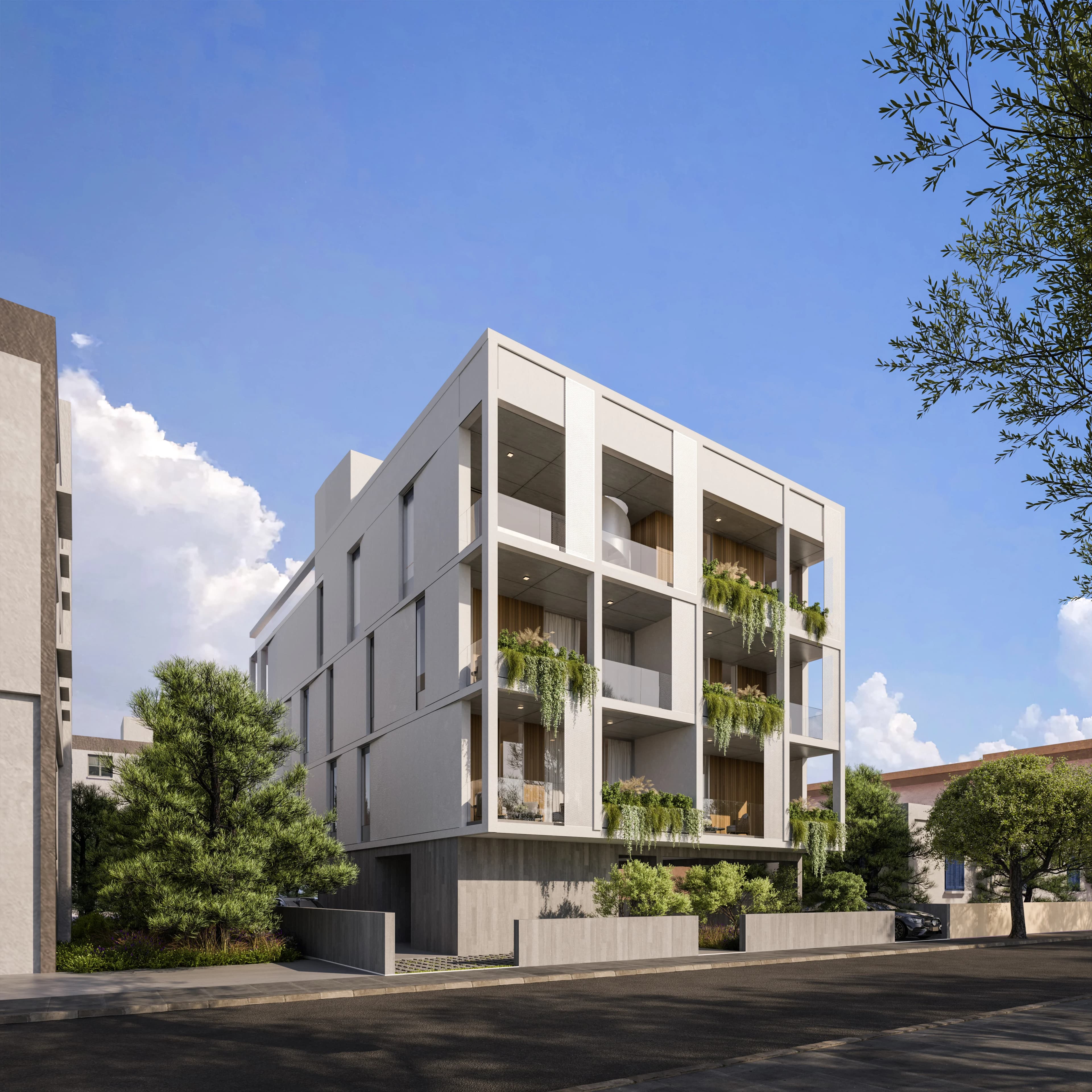 ORION's pale stone facade with hanging plants spilling over its balconies
