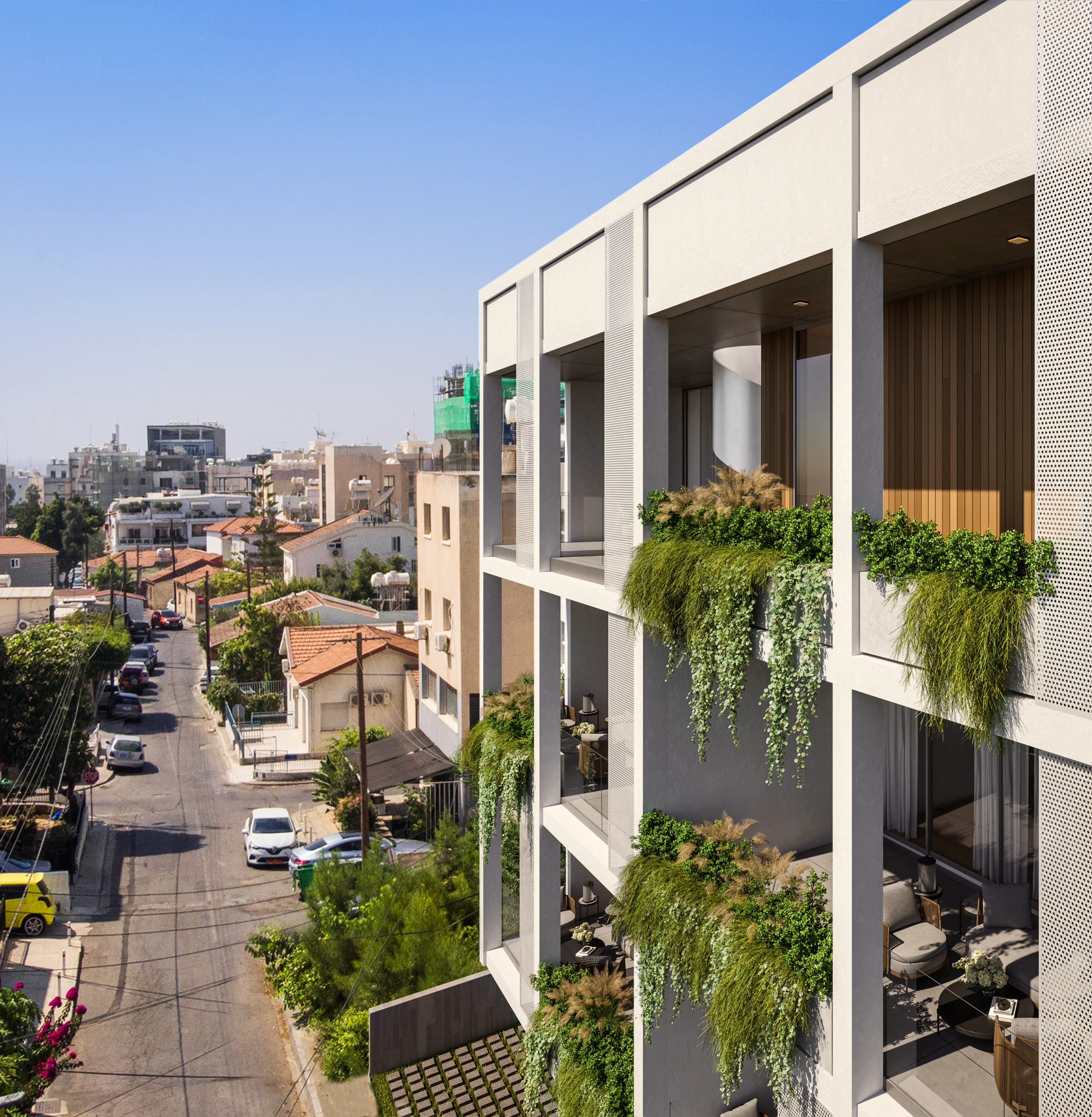 ORION balconies with cascading plants above the street